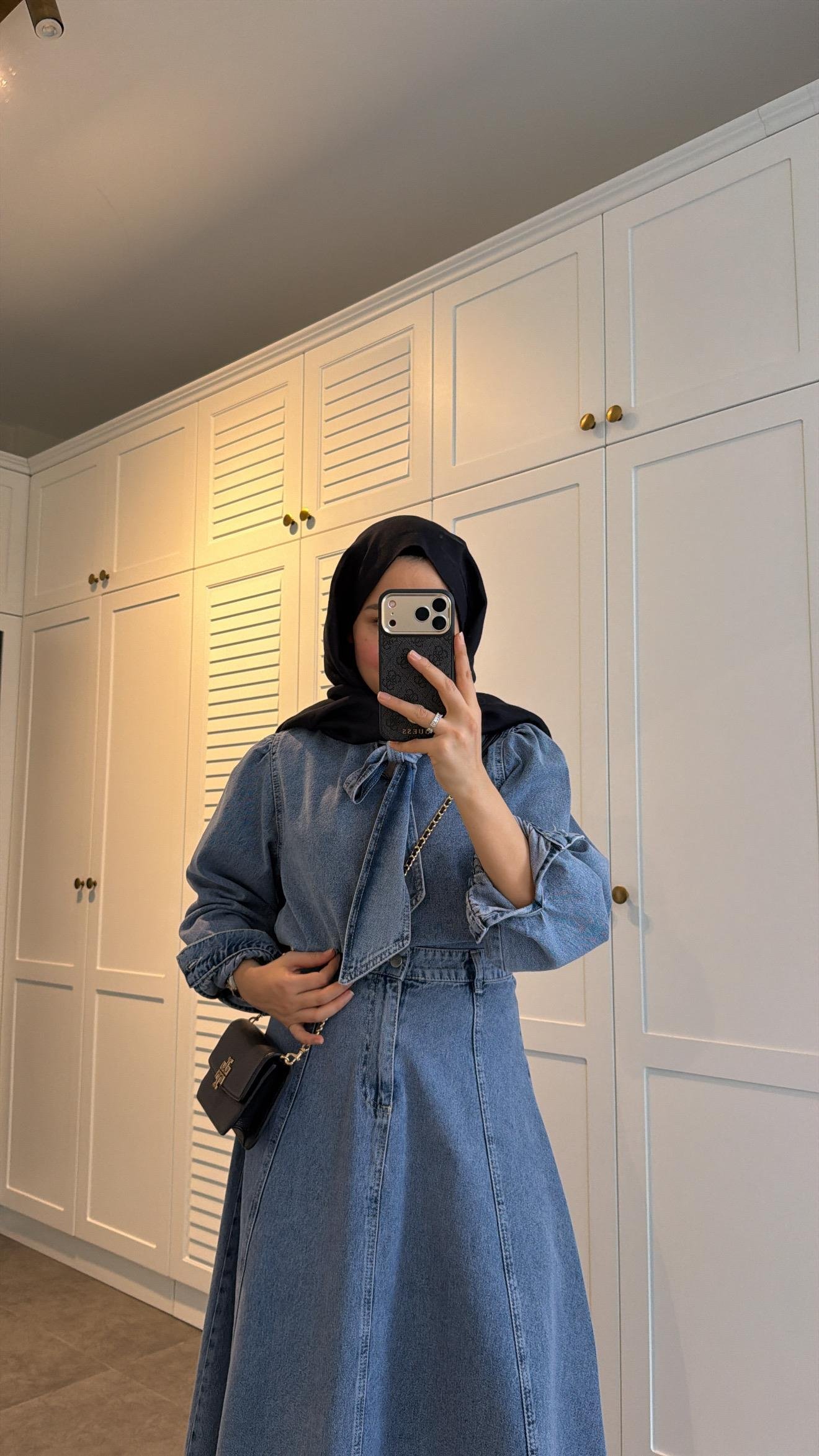 Bağlama Detaylı Denim Etek Takım Kar Yıkama