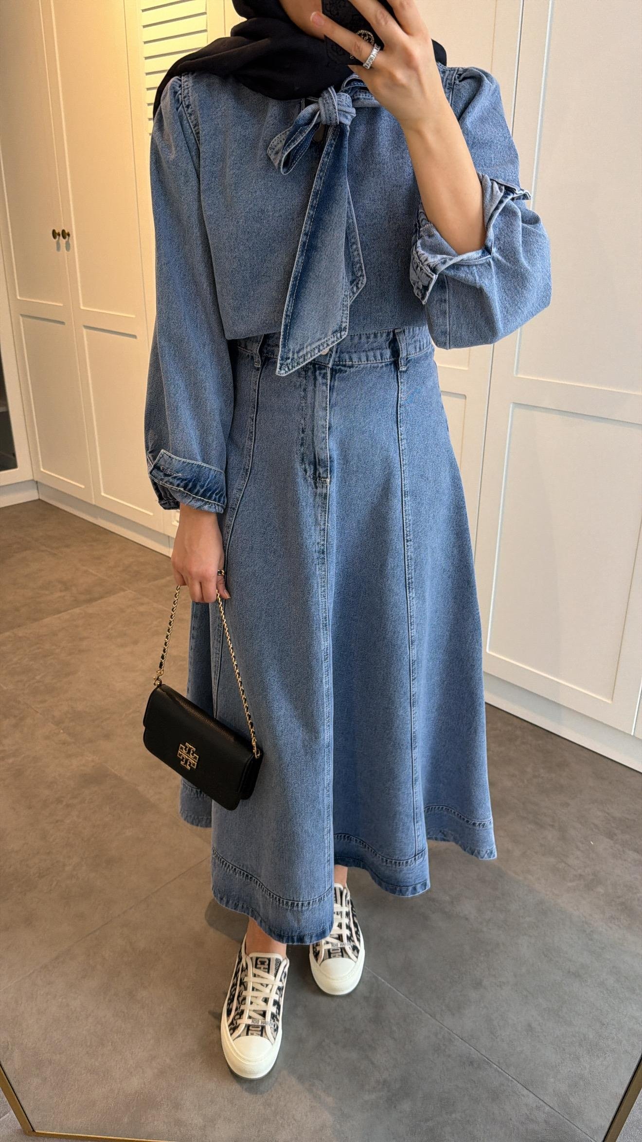 Bağlama Detaylı Denim Etek Takım Kar Yıkama