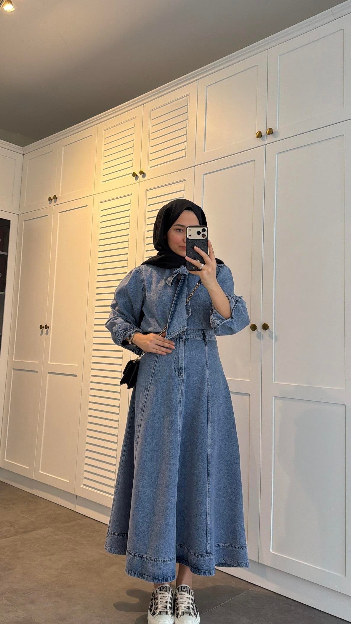Bağlama Detaylı Denim Etek Takım Kar Yıkama