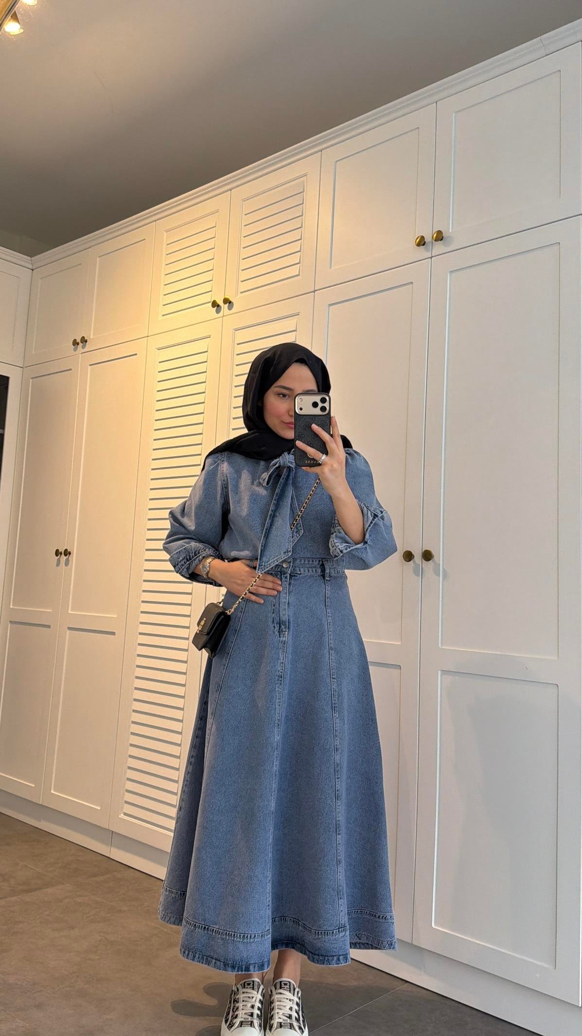 Bağlama Detaylı Denim Etek Takım Kar Yıkama