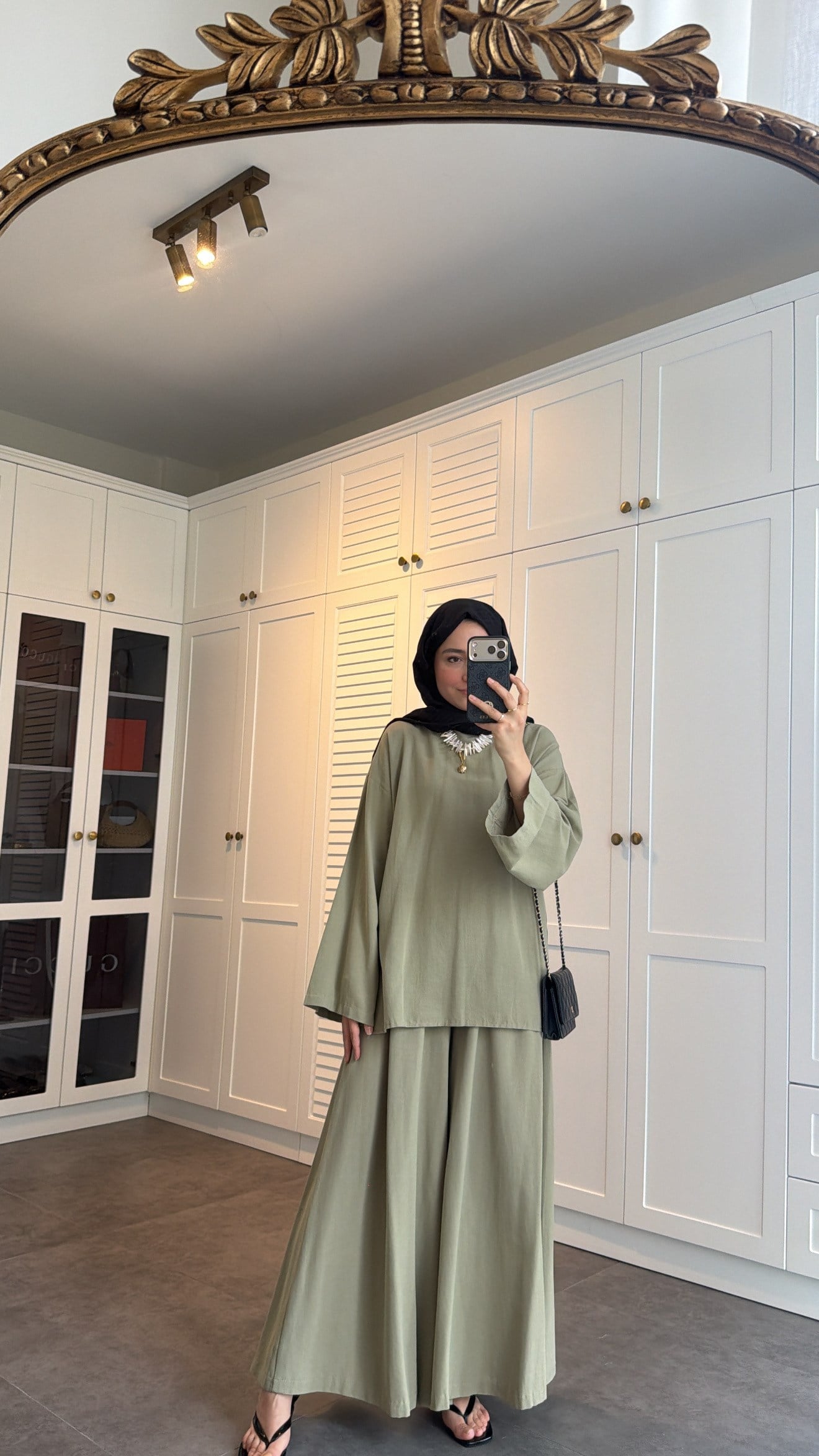 Basic Bol Keten Pantolon Takım Olive