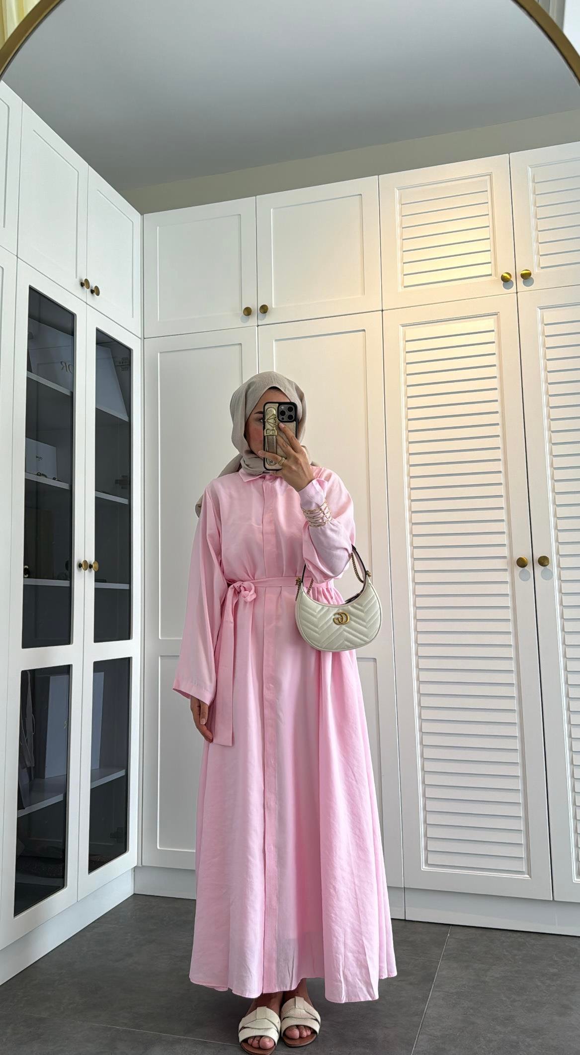 Basic Düğmeli Gömlek Elbise Pembe