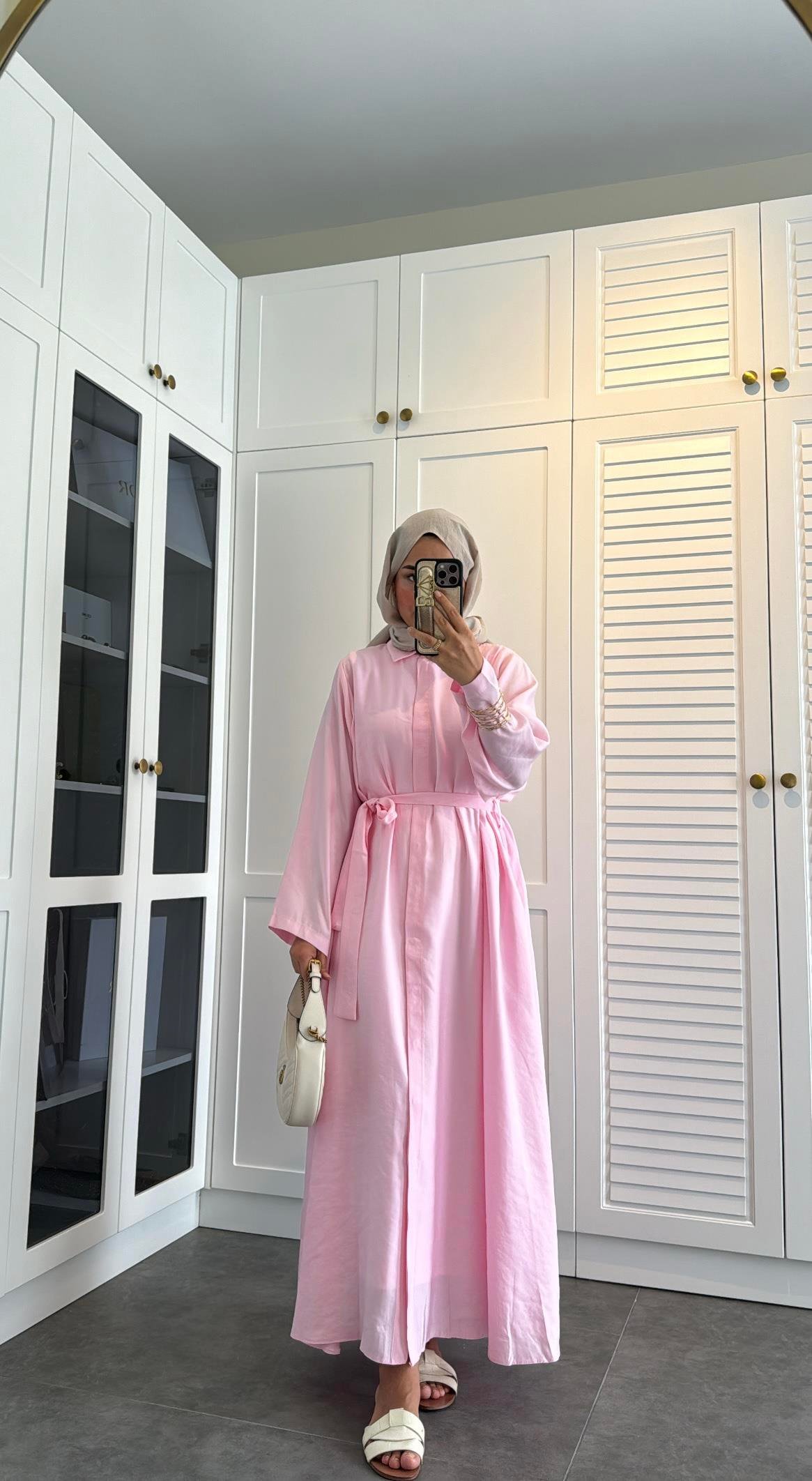 Basic Düğmeli Gömlek Elbise Pembe
