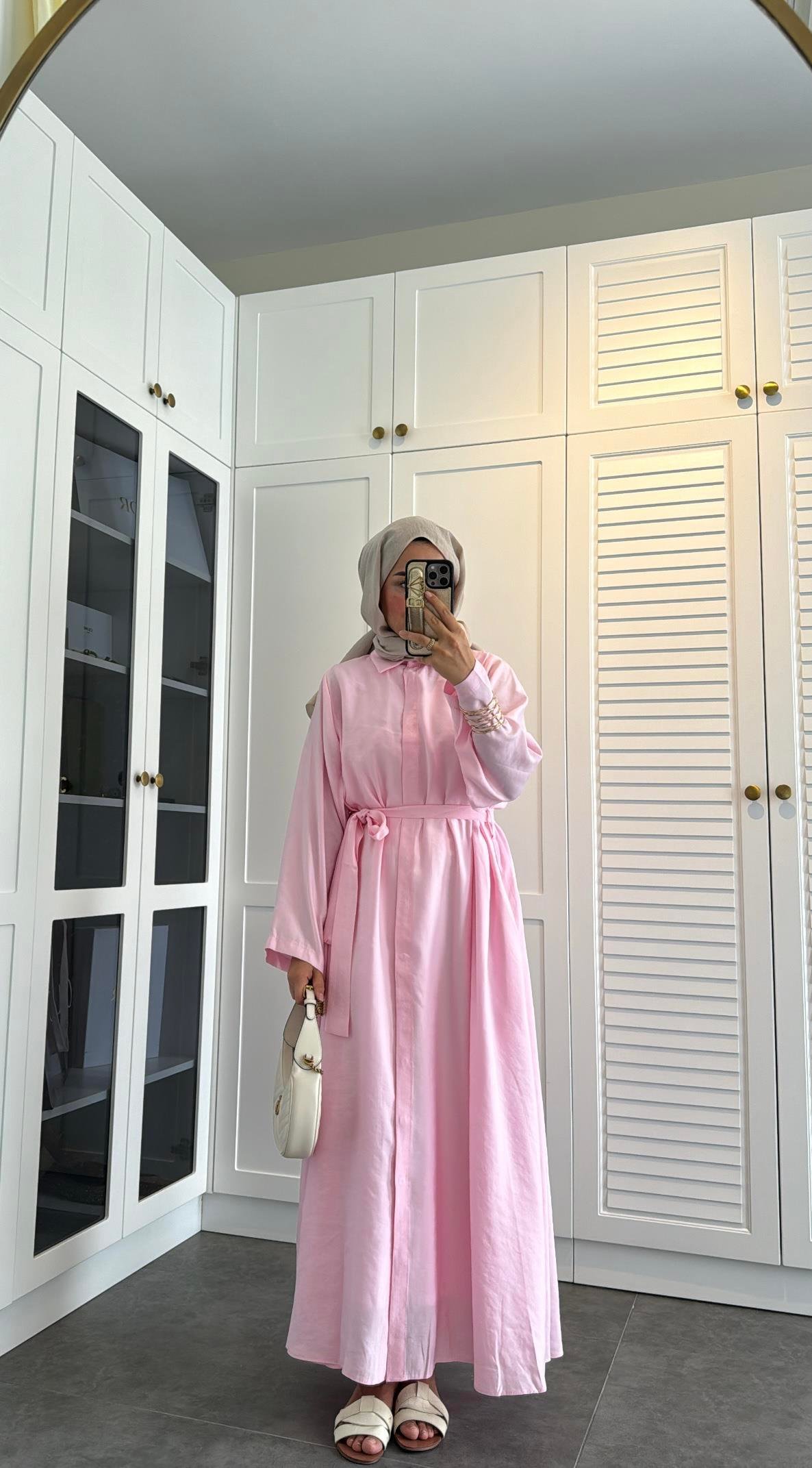 Basic Düğmeli Gömlek Elbise Pembe