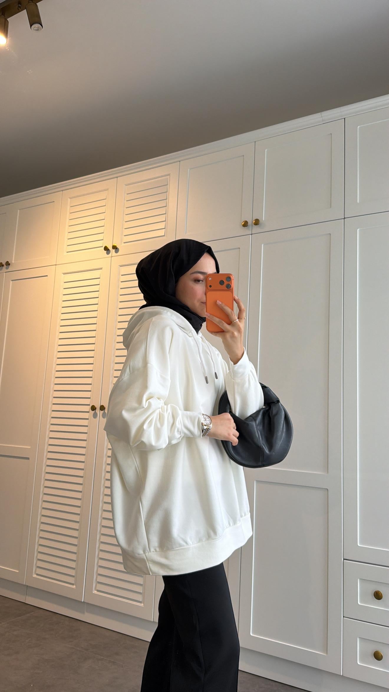 Basic Kapüşonlu Sweatshirt Ekru