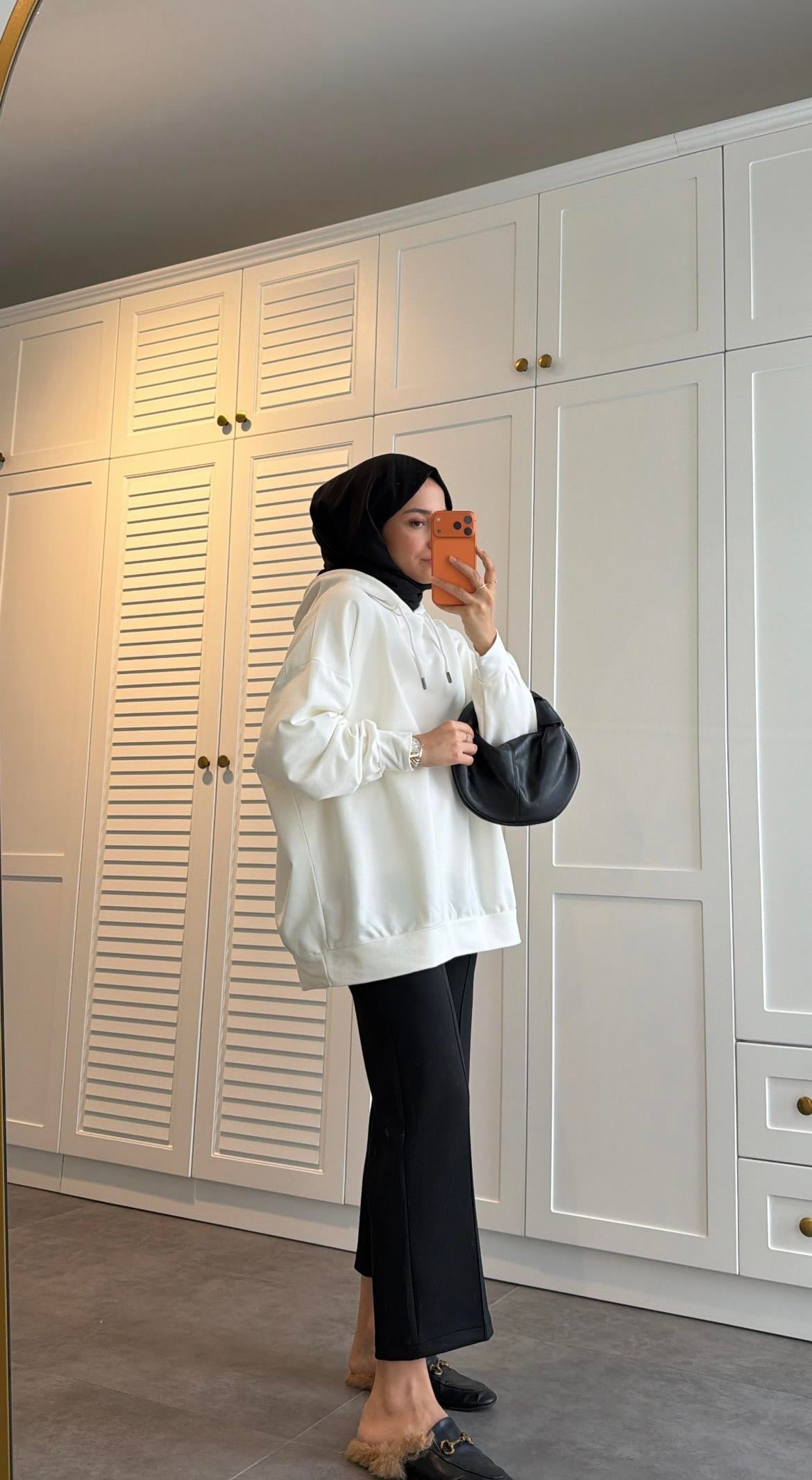 Basic Kapüşonlu Sweatshirt Ekru