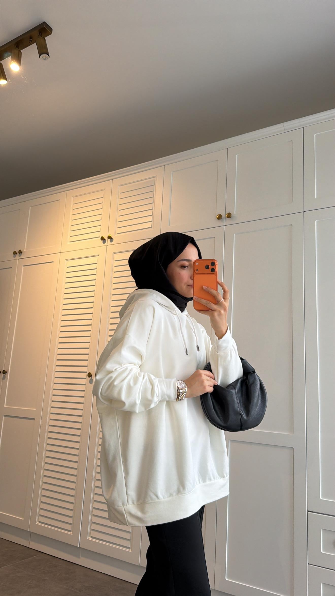 Basic Kapüşonlu Sweatshirt Ekru