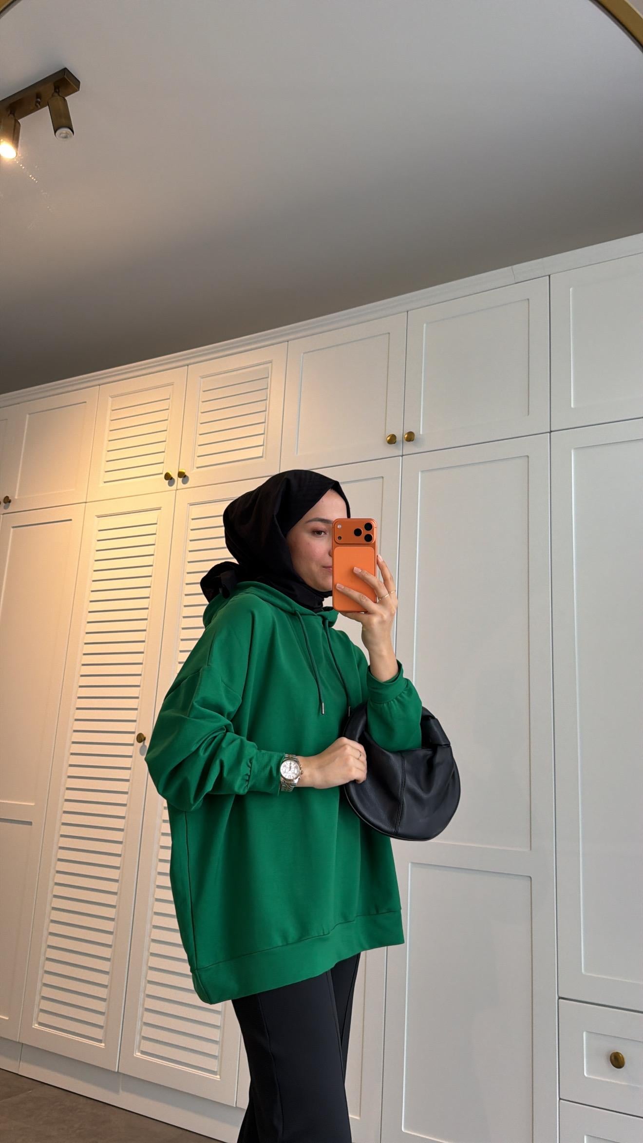 Basic Kapüşonlu Sweatshirt Yeşil