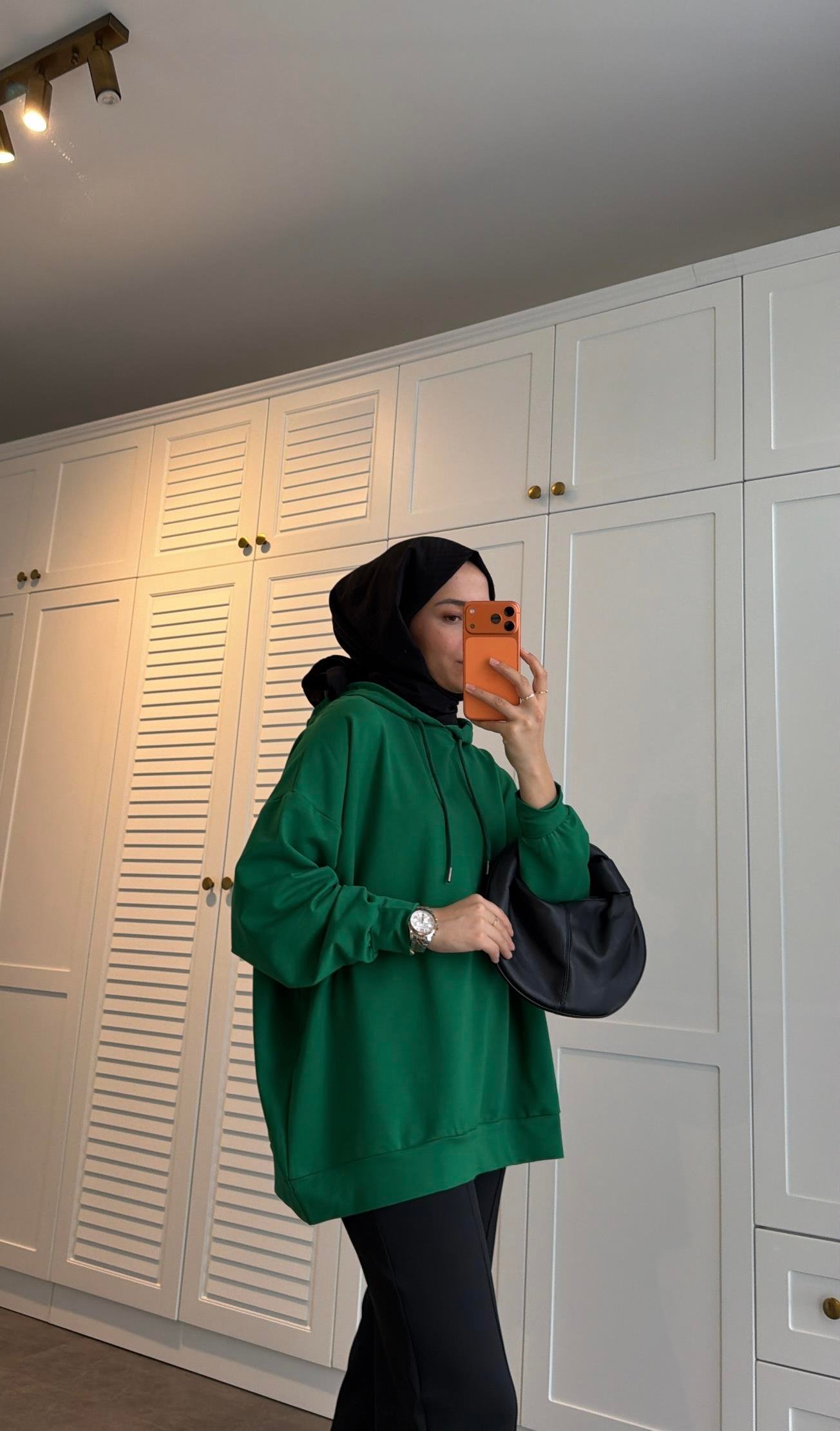 Basic Kapüşonlu Sweatshirt Yeşil