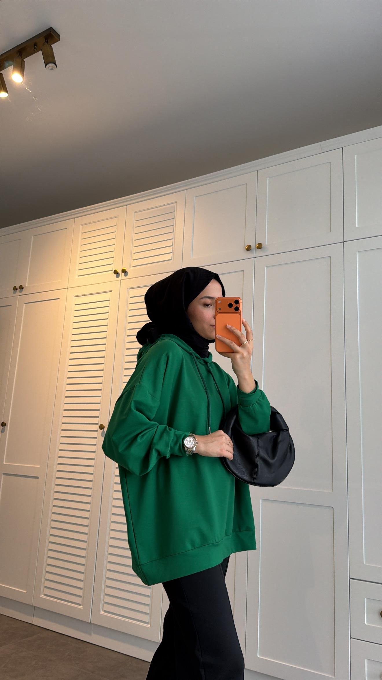 Basic Kapüşonlu Sweatshirt Yeşil