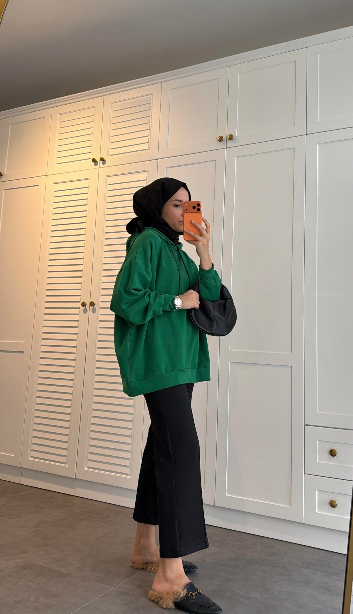 Basic Kapüşonlu Sweatshirt Yeşil