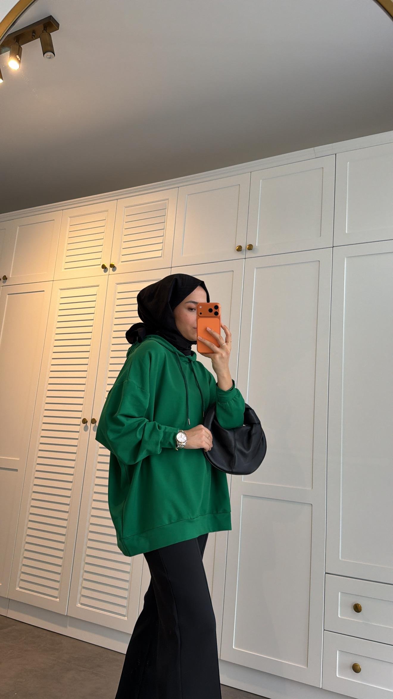 Basic Kapüşonlu Sweatshirt Yeşil