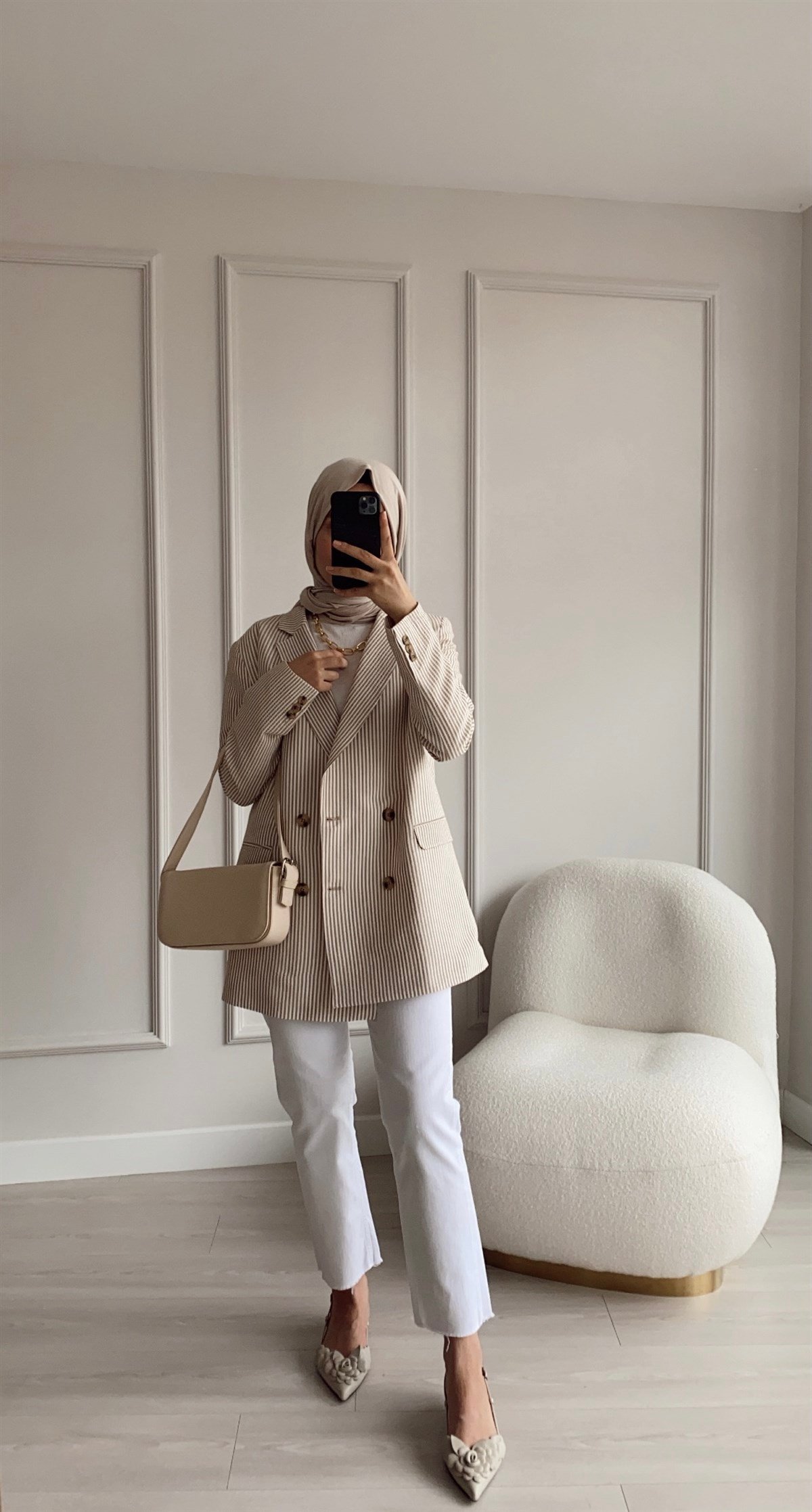 Bej Çizgili İnce Blazer Ceket