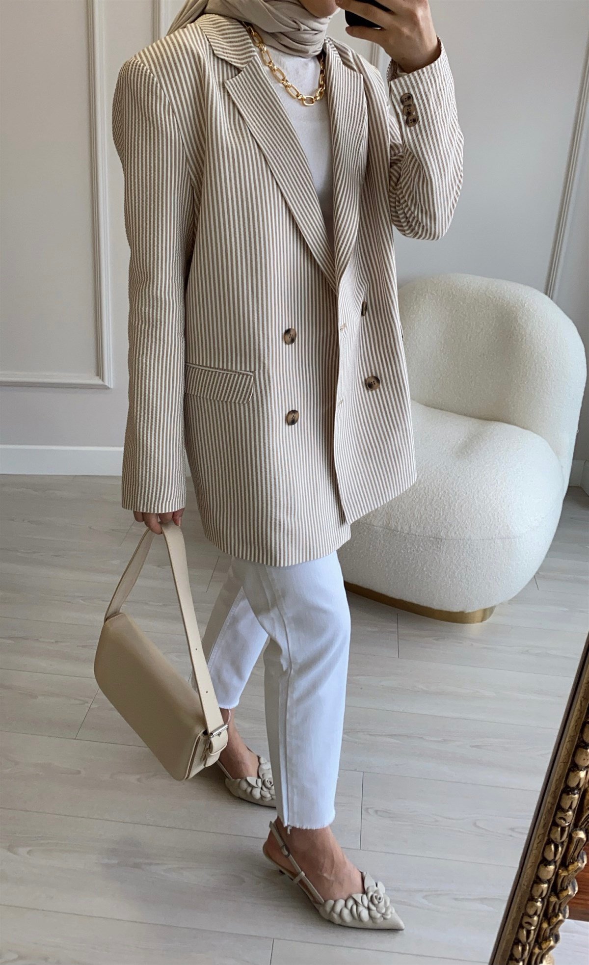Bej Çizgili İnce Blazer Ceket