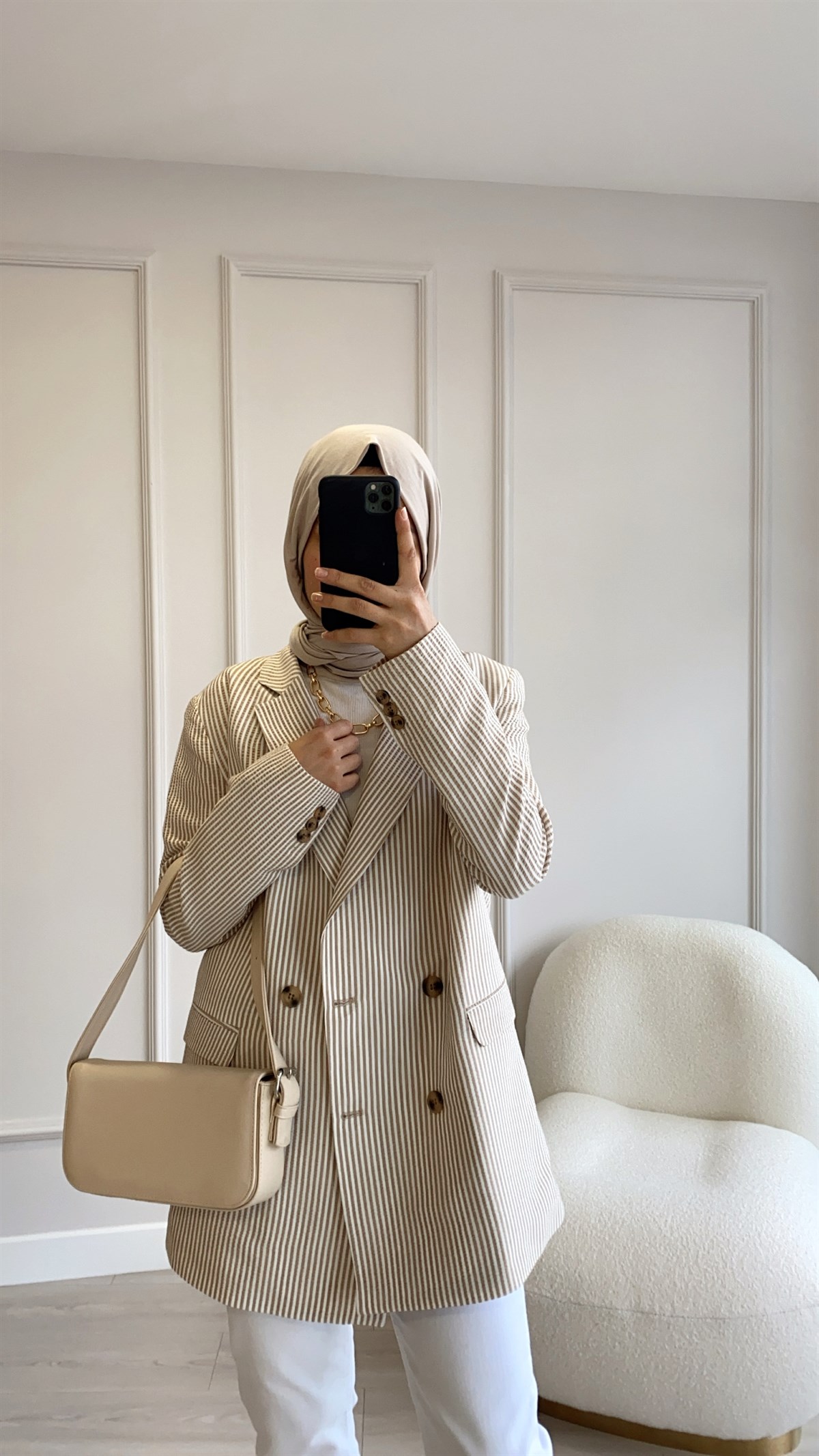 Bej Çizgili İnce Blazer Ceket