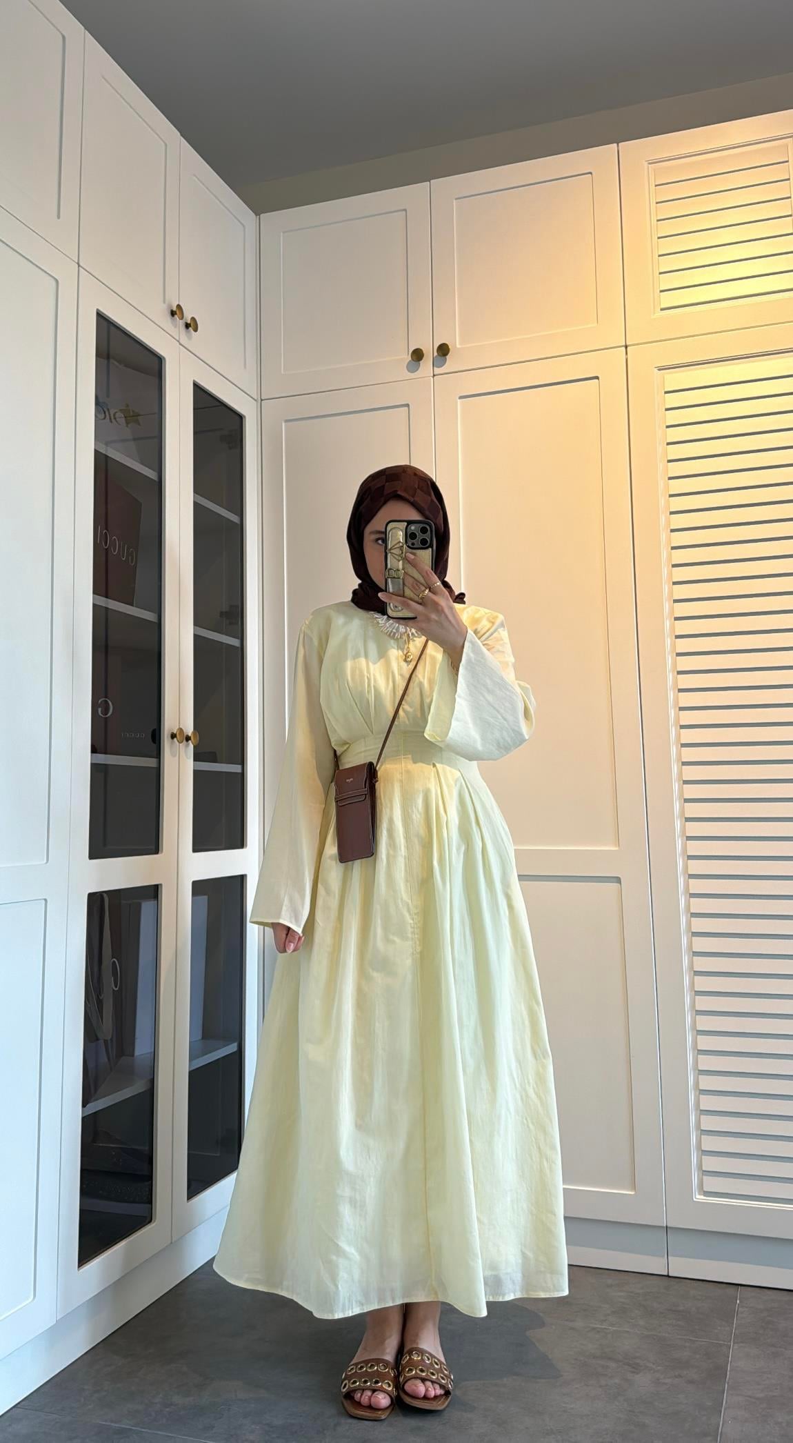 Belden Oturtmalı Pamuk Vual Elbise Butter Yellow