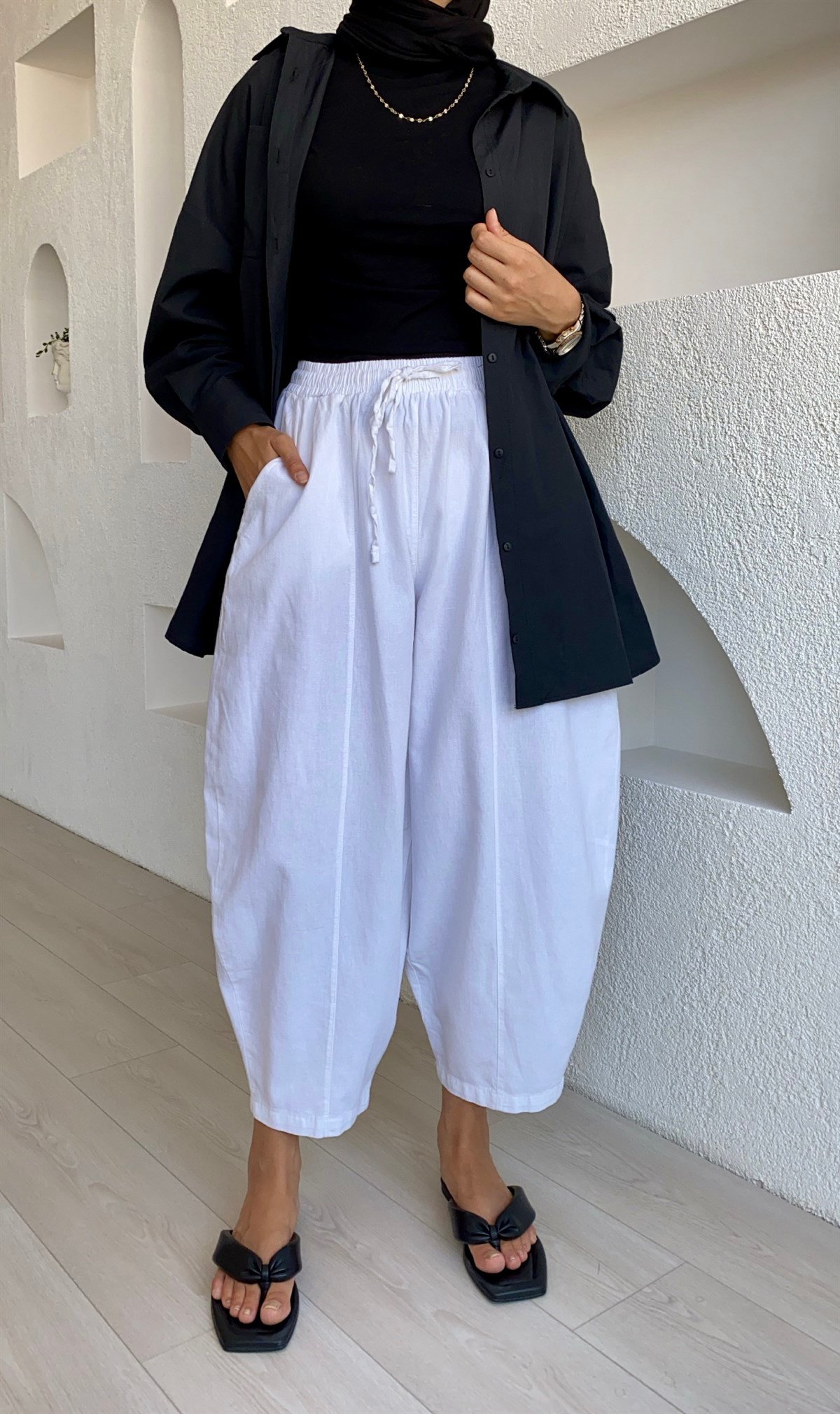 Beli Lastikli Geniş Paça Şalvar Pantolon 