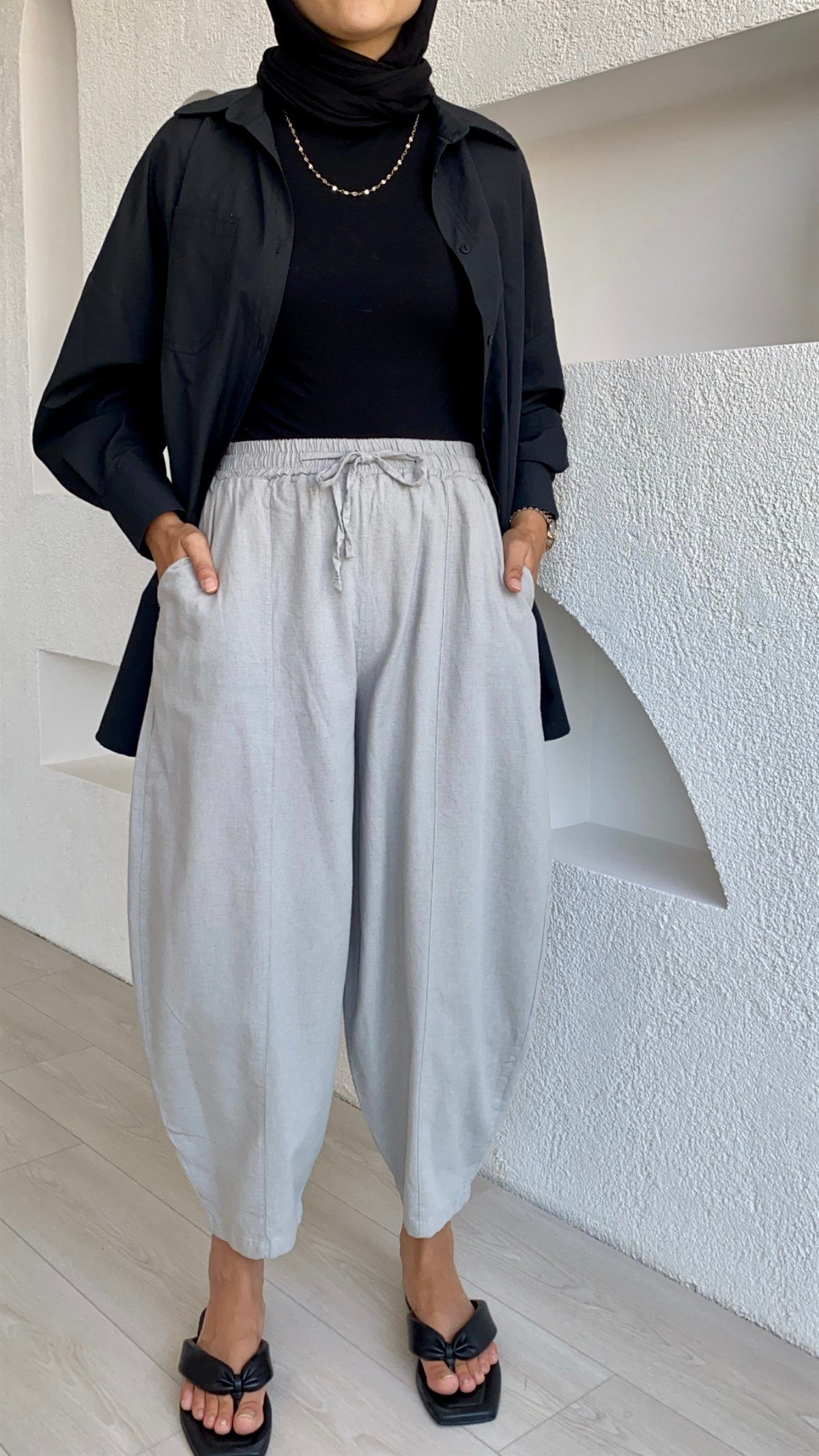 Beli Lastikli Geniş Paça Şalvar Pantolon 