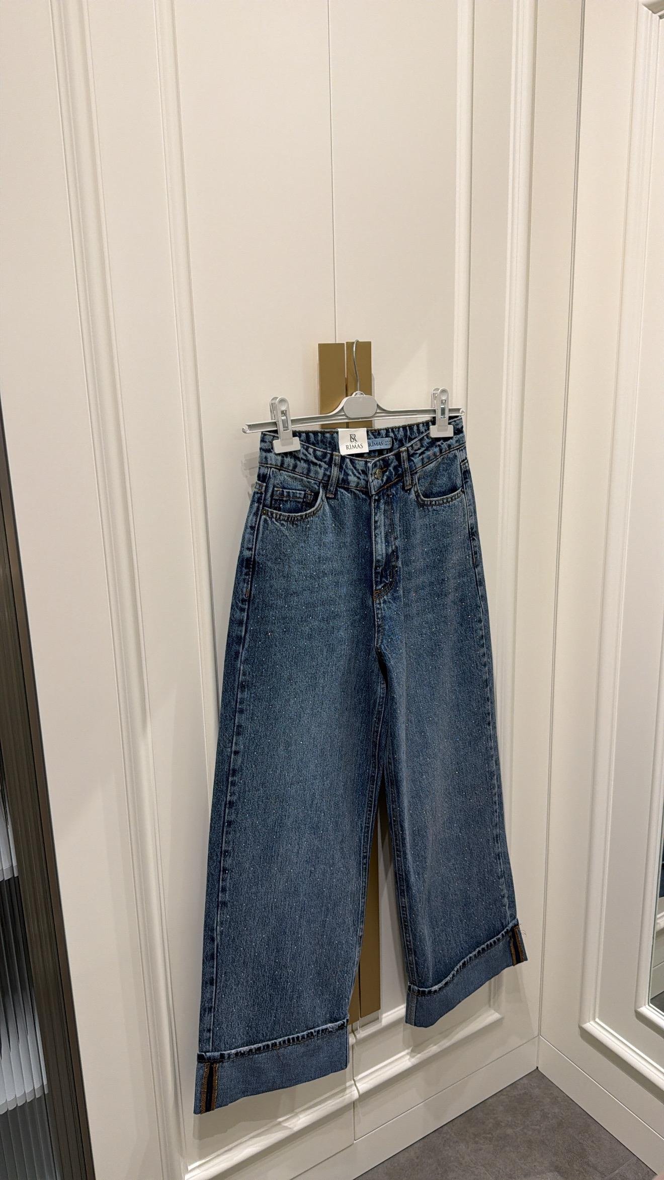 Bilek Boy Paçası Katlı Taşlı Denim Pantolon