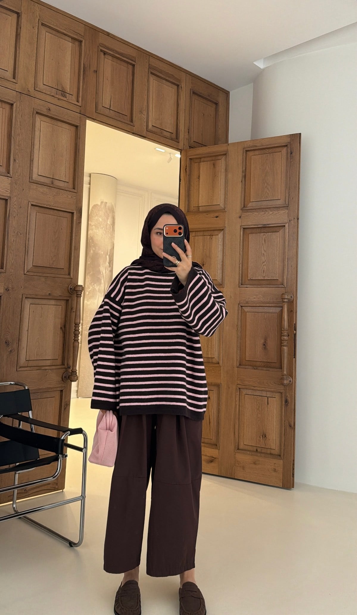 Bisiklet Yaka Çizgili Triko Kazak Pembe