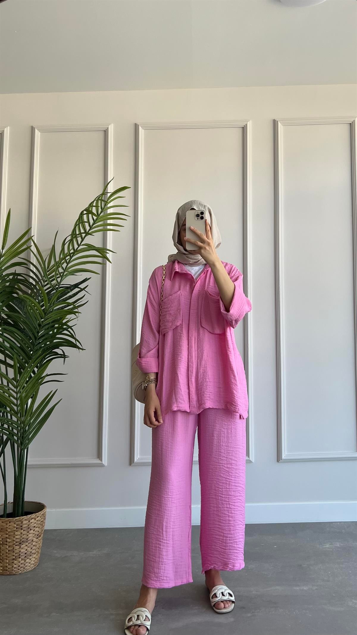 Cep Detaylı Müslin Takım Pembe