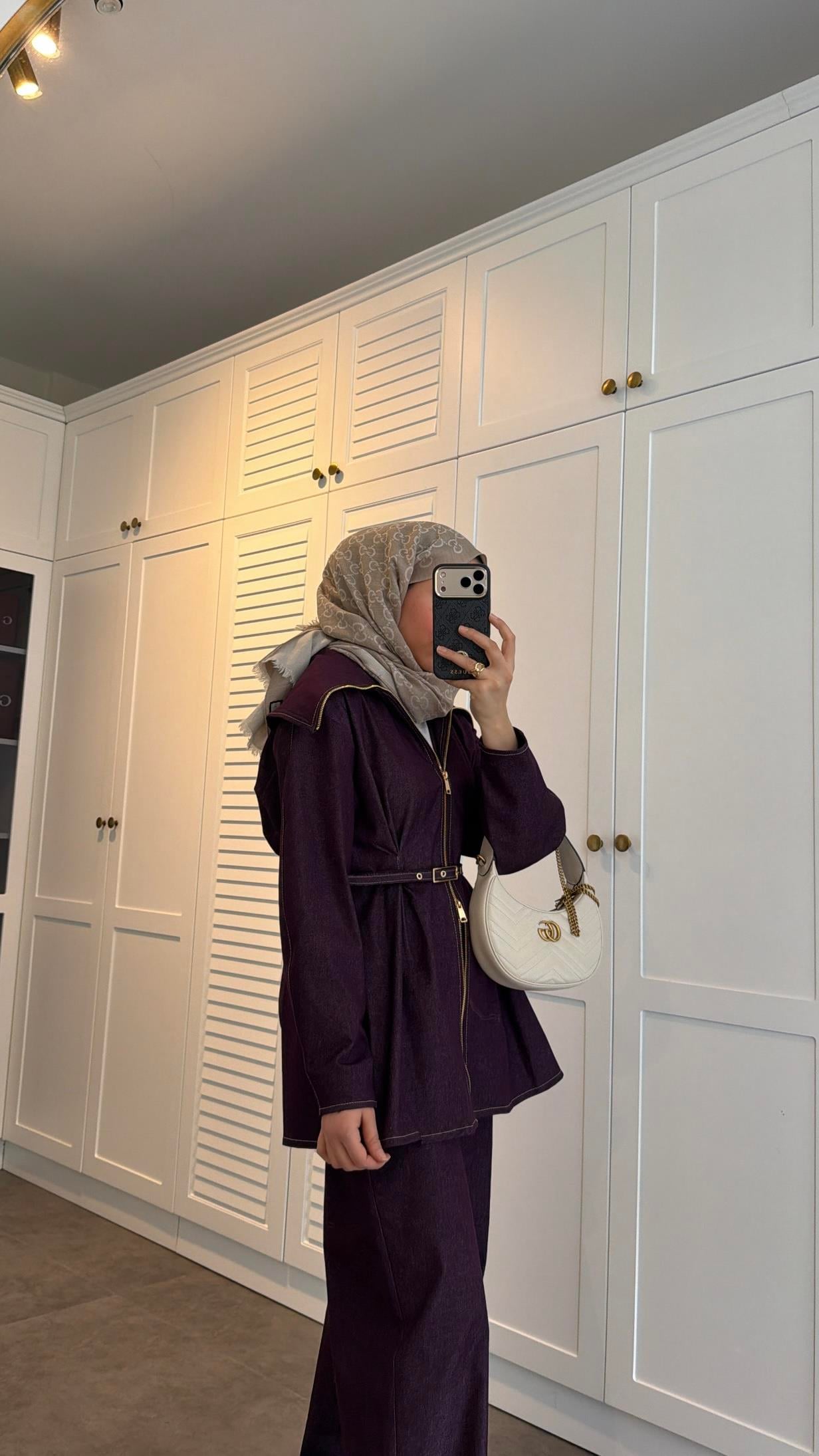 Çift Fermuarlı Denim Takım Mürdüm