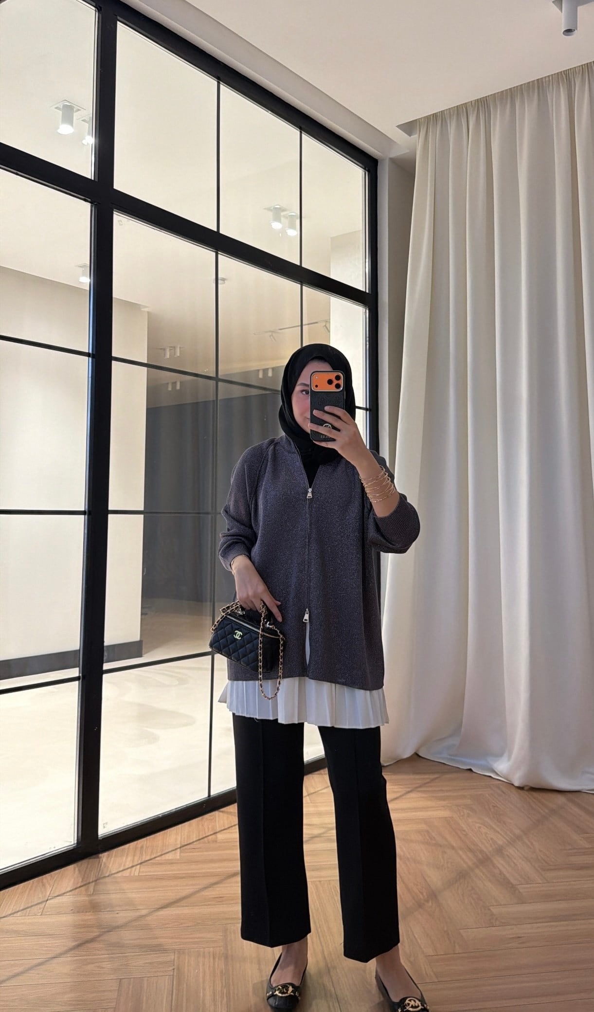 Çift Fermuarlı Simli Merserize Hırka Antrasit