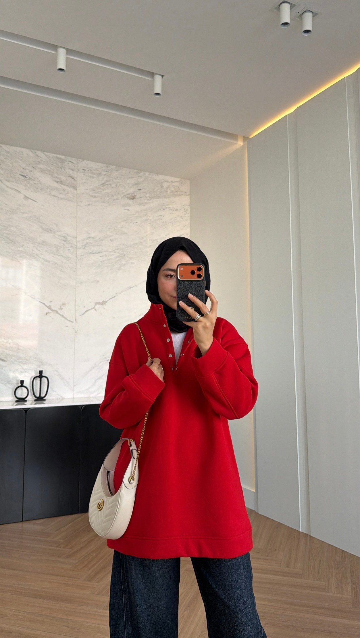Çıtçıtlı Dik Yaka Sweatshirt Kırmızı