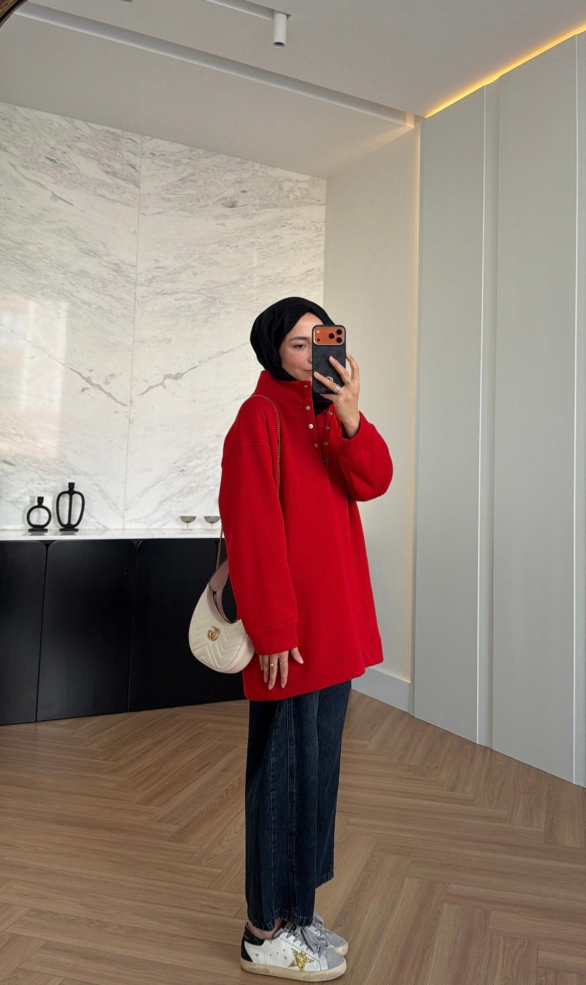 Çıtçıtlı Dik Yaka Sweatshirt Kırmızı
