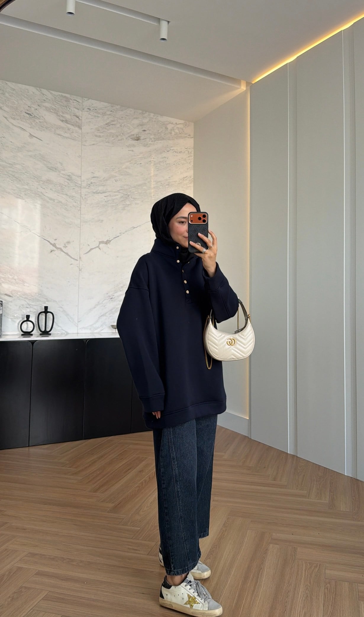 Çıtçıtlı Dik Yaka Sweatshirt Lacivert