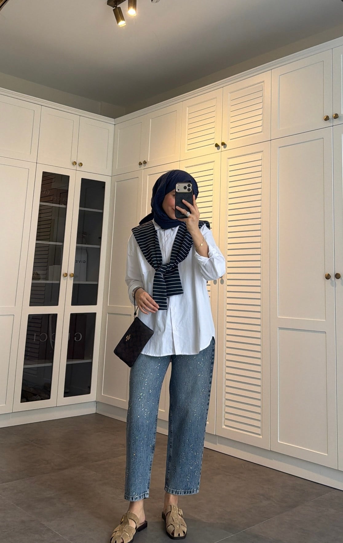 Çizgili Atkılı Şal Bağlamalı Gömlek Lacivert