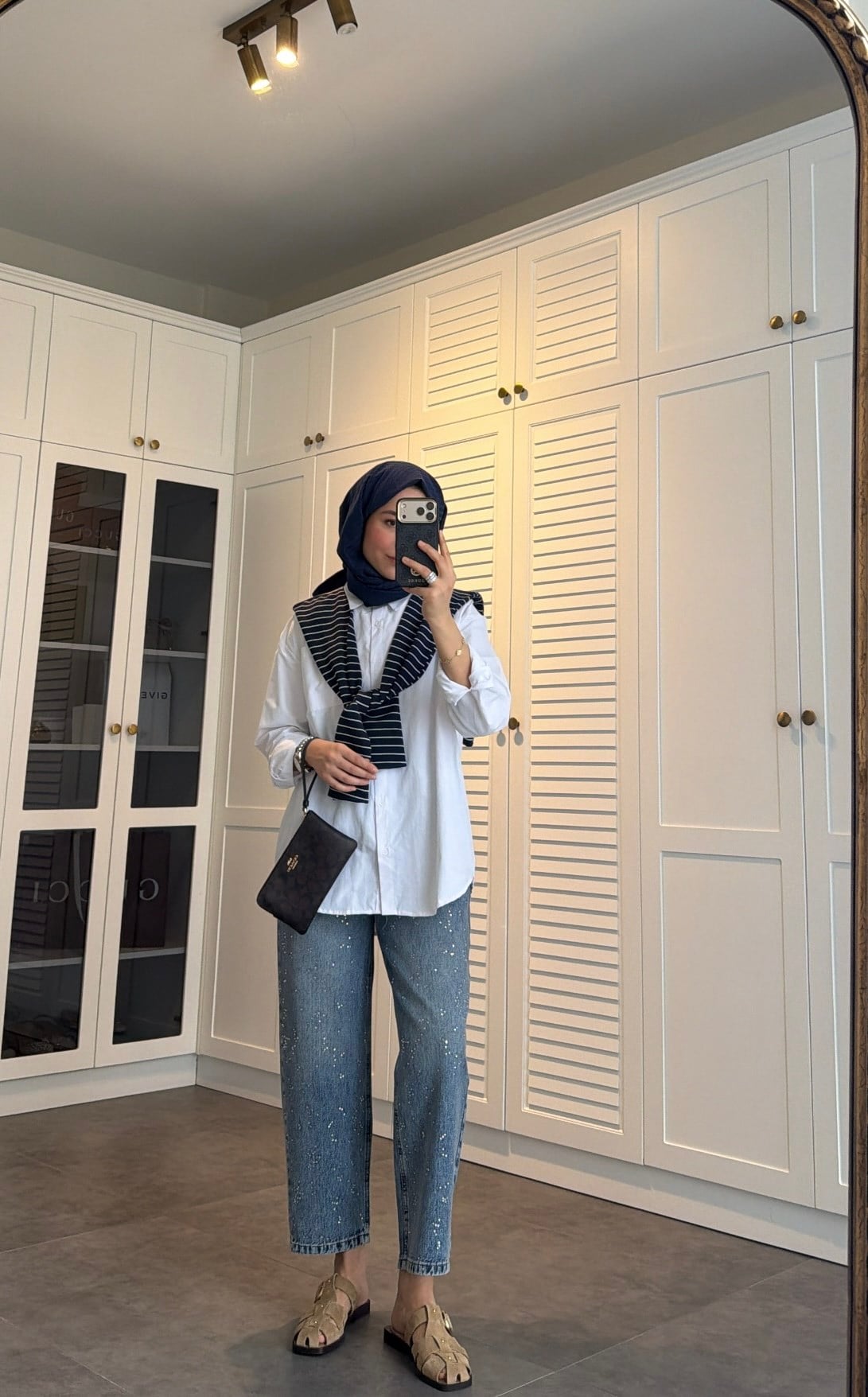 Çizgili Atkılı Şal Bağlamalı Gömlek Lacivert