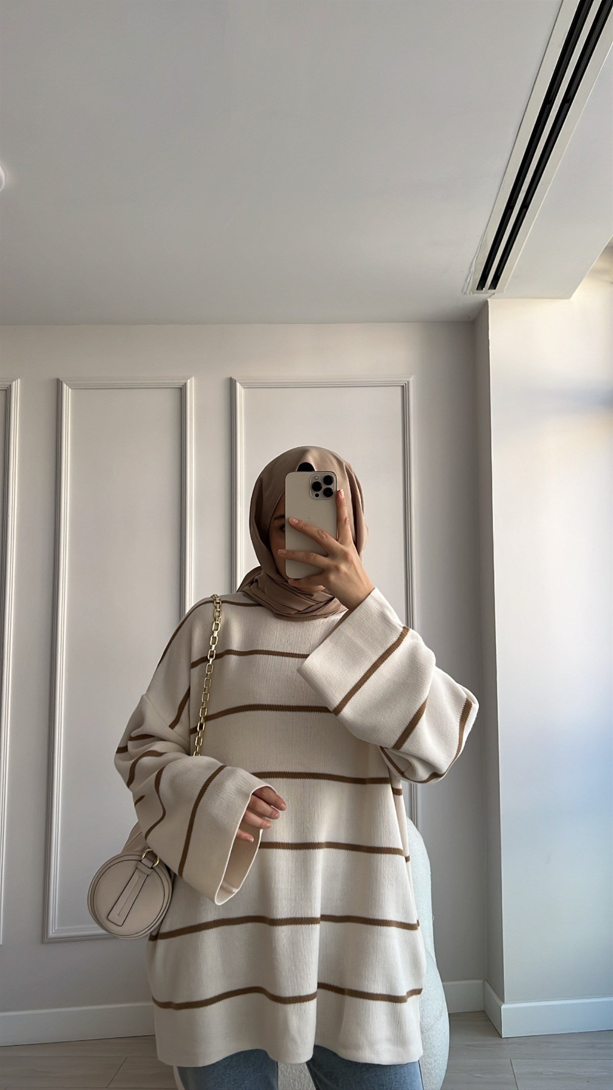Çizgili Basic Kazak --Camel