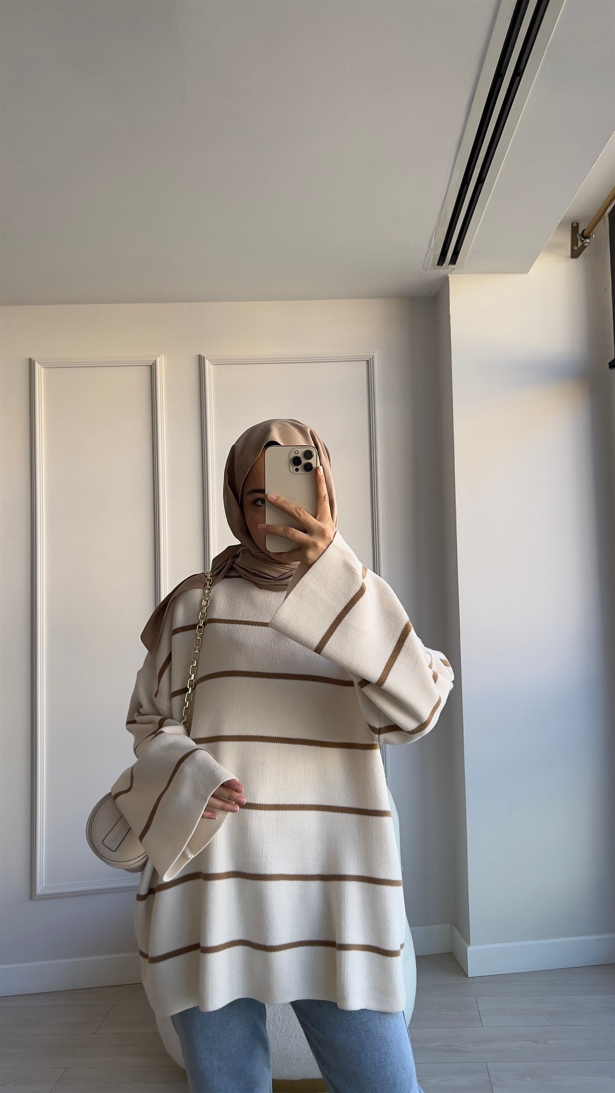 Çizgili Basic Kazak --Camel