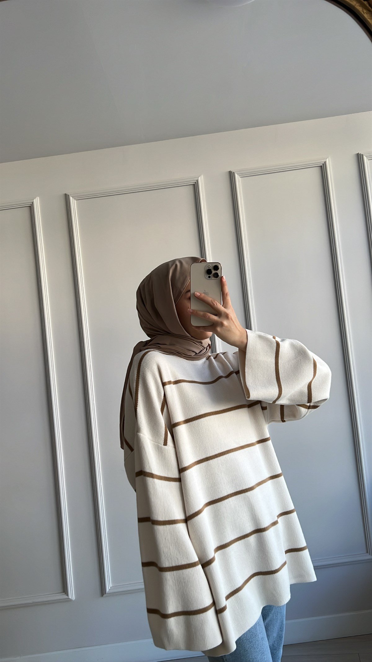 Çizgili Basic Kazak --Camel