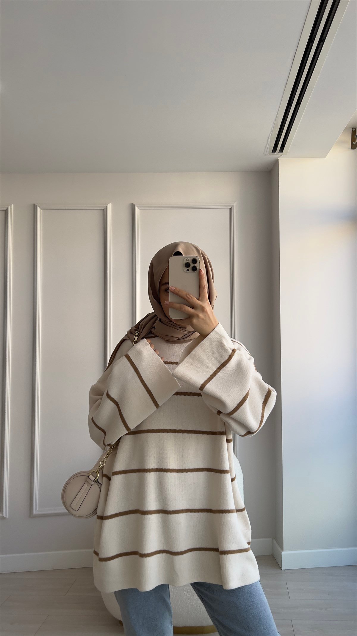 Çizgili Basic Kazak --Camel