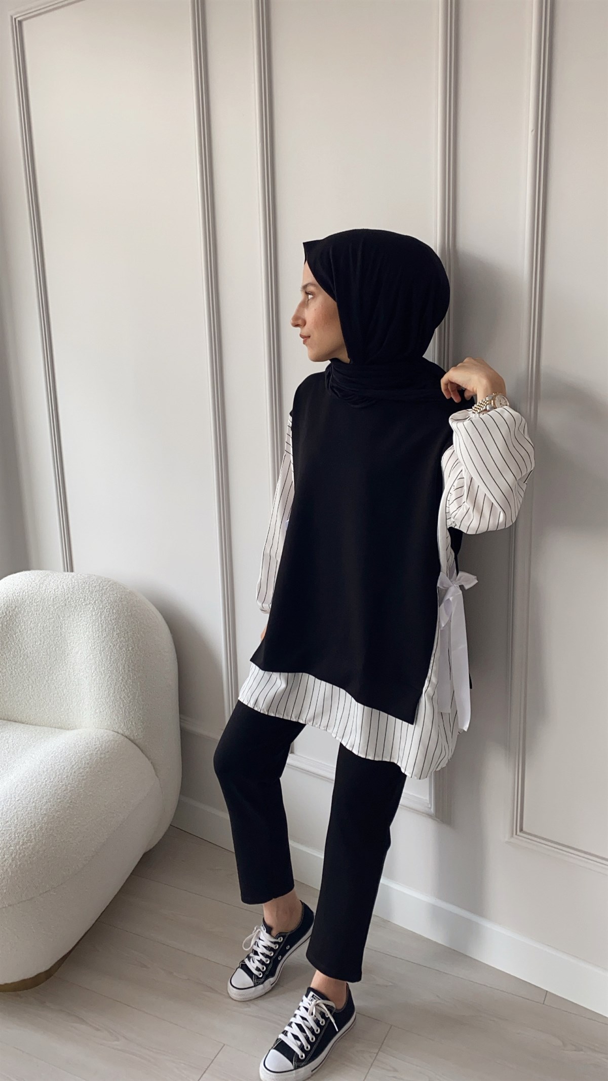 Çizgili Keten Detaylı Takım