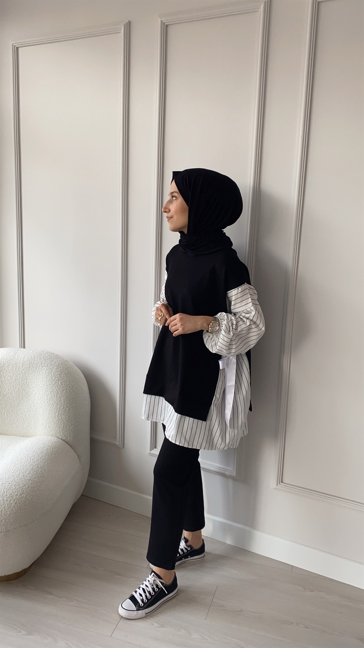 Çizgili Keten Detaylı Takım