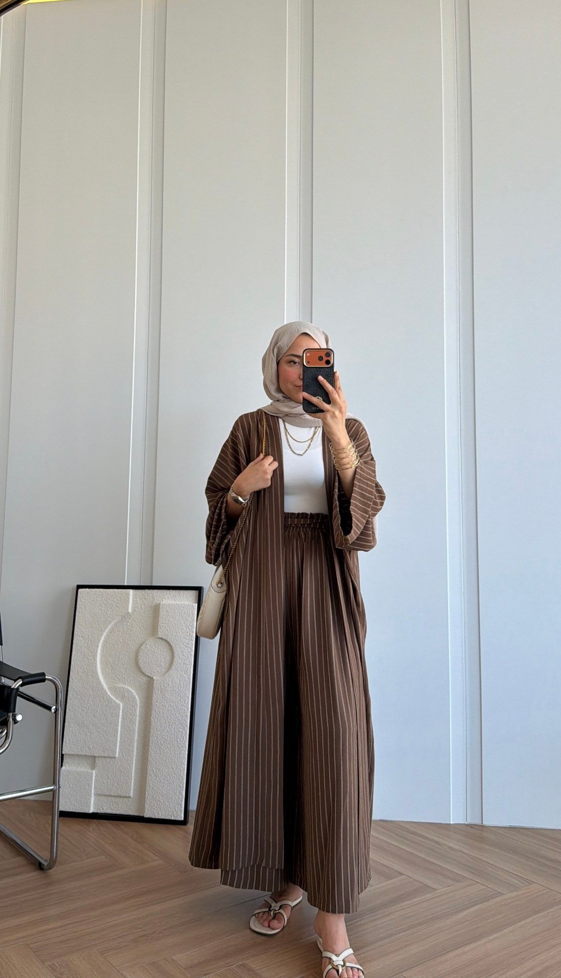Çizgili Kimono Takım Kahve