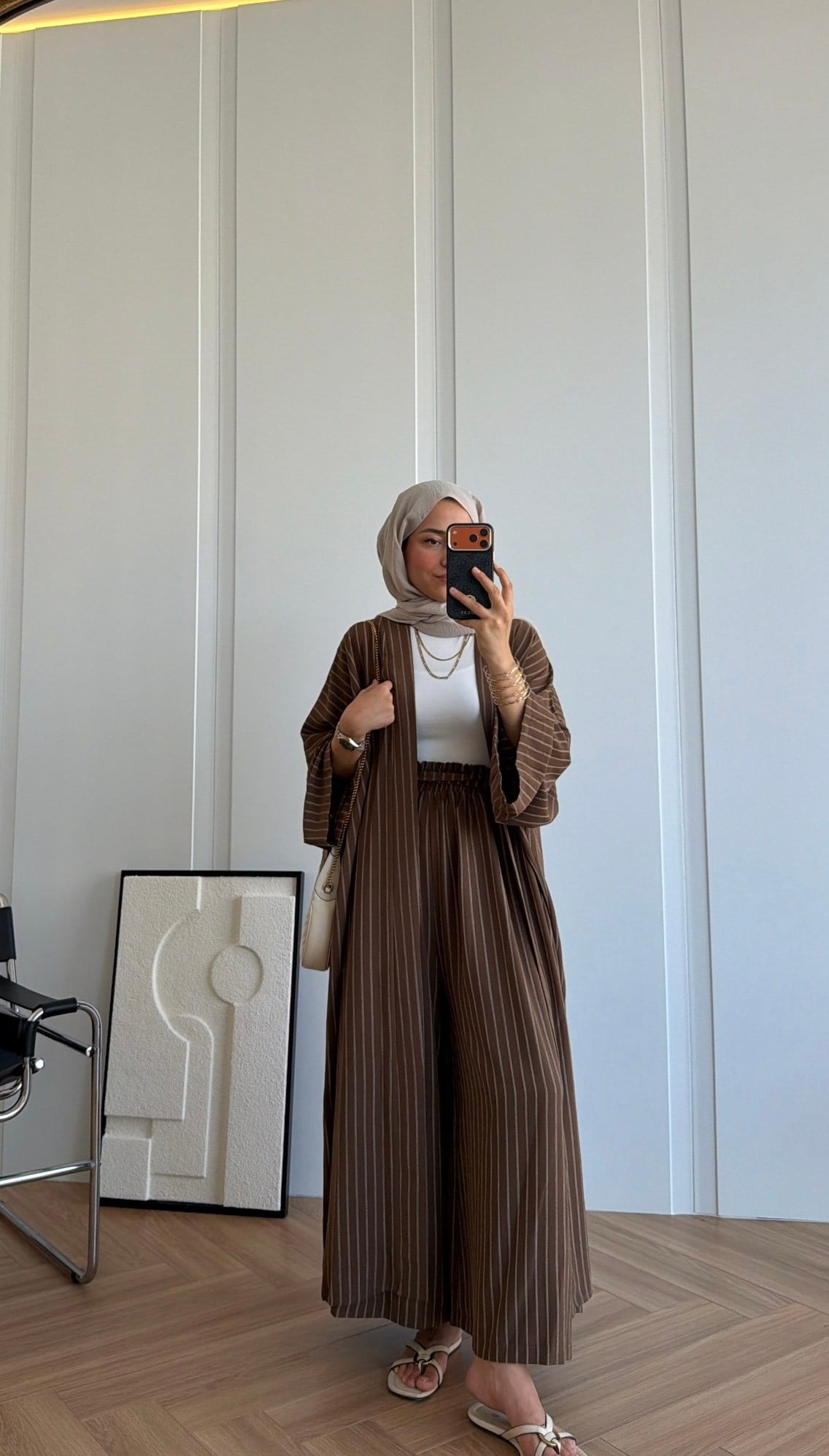 Çizgili Kimono Takım Kahve