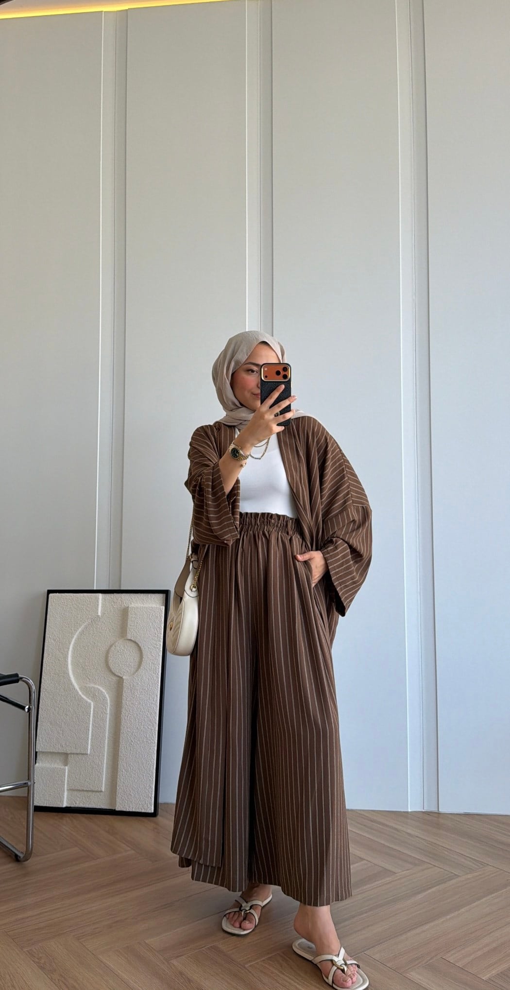 Çizgili Kimono Takım Kahve