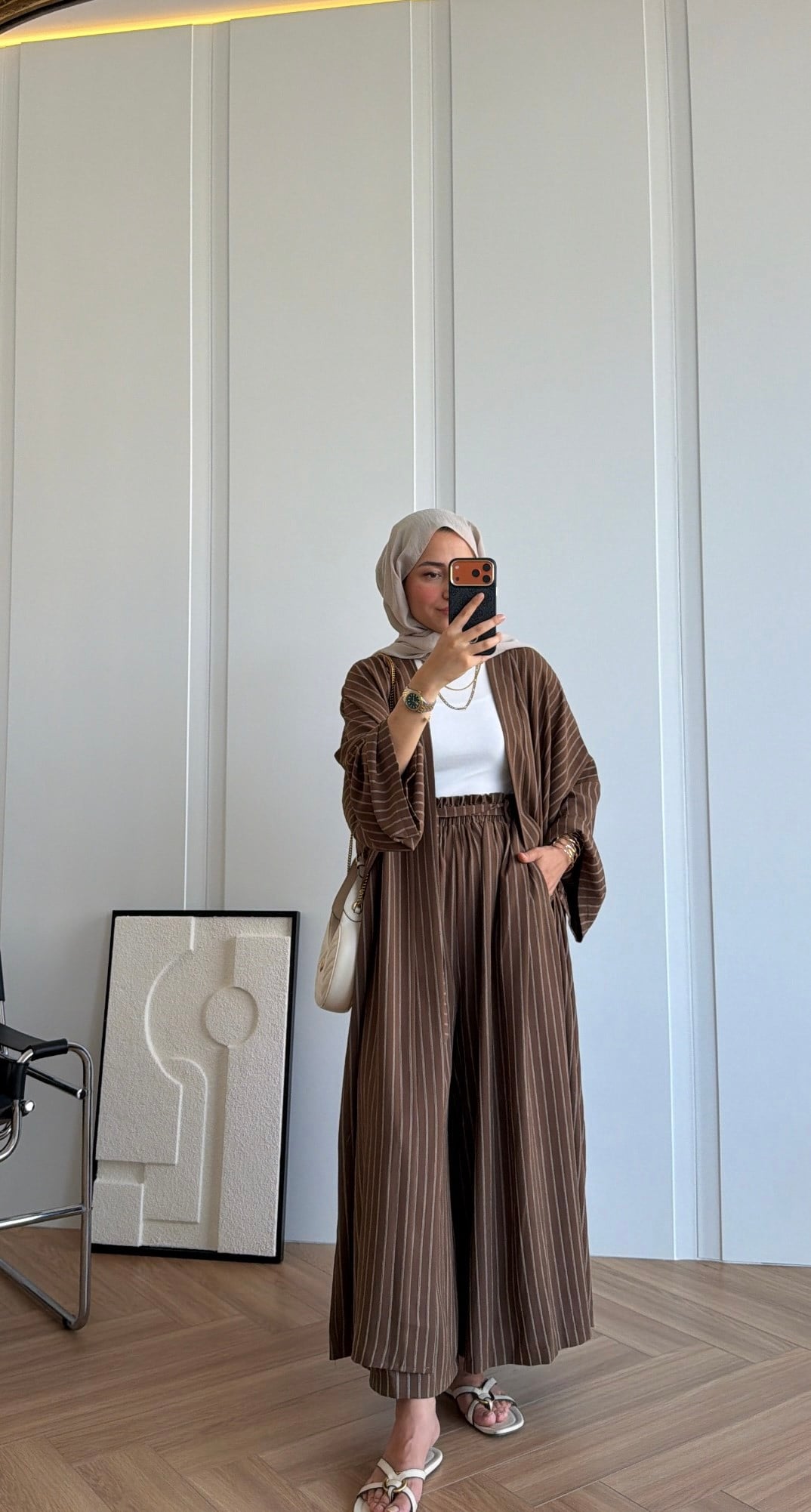 Çizgili Kimono Takım Kahve