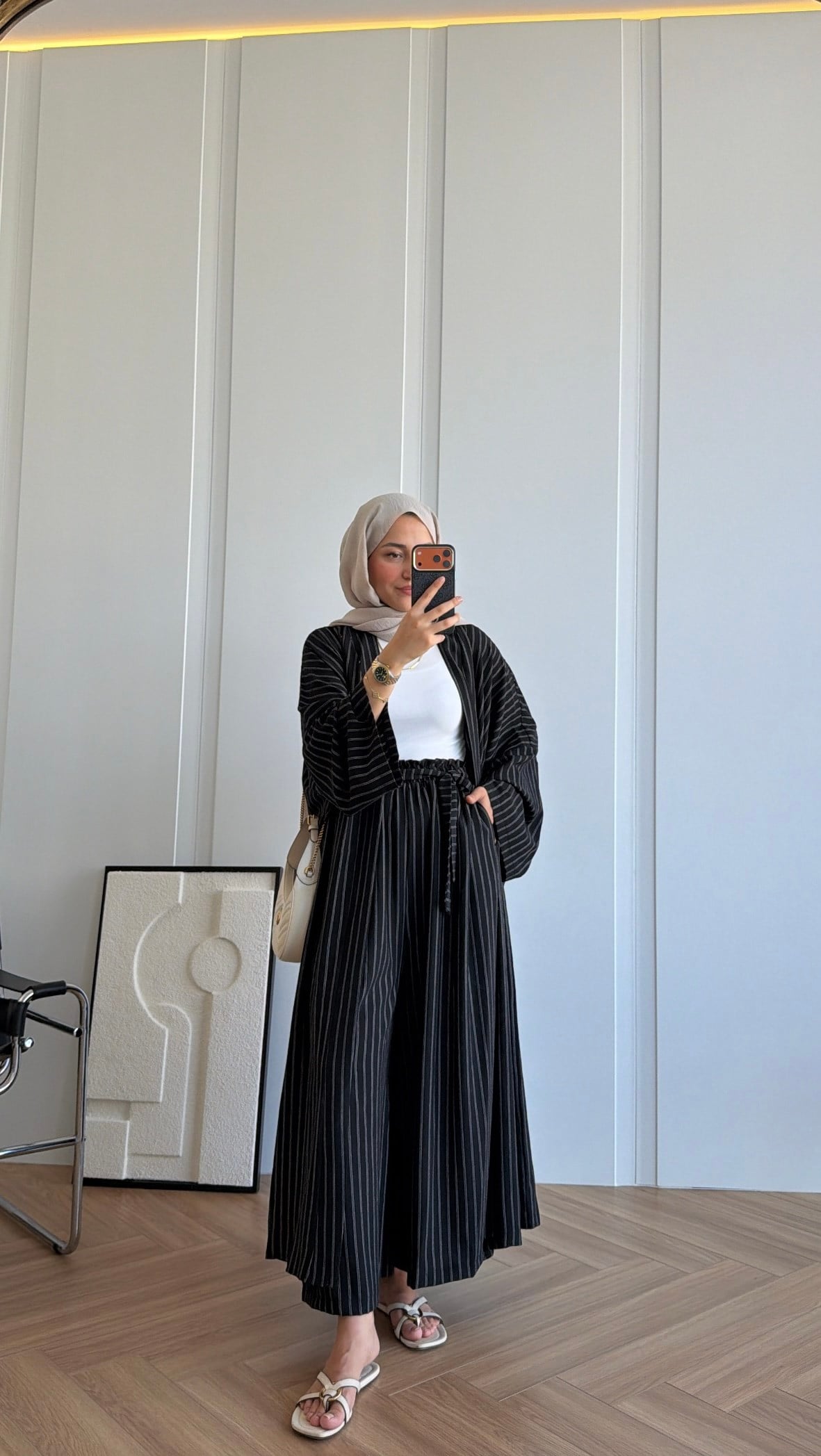 Çizgili Kimono Takım Siyah