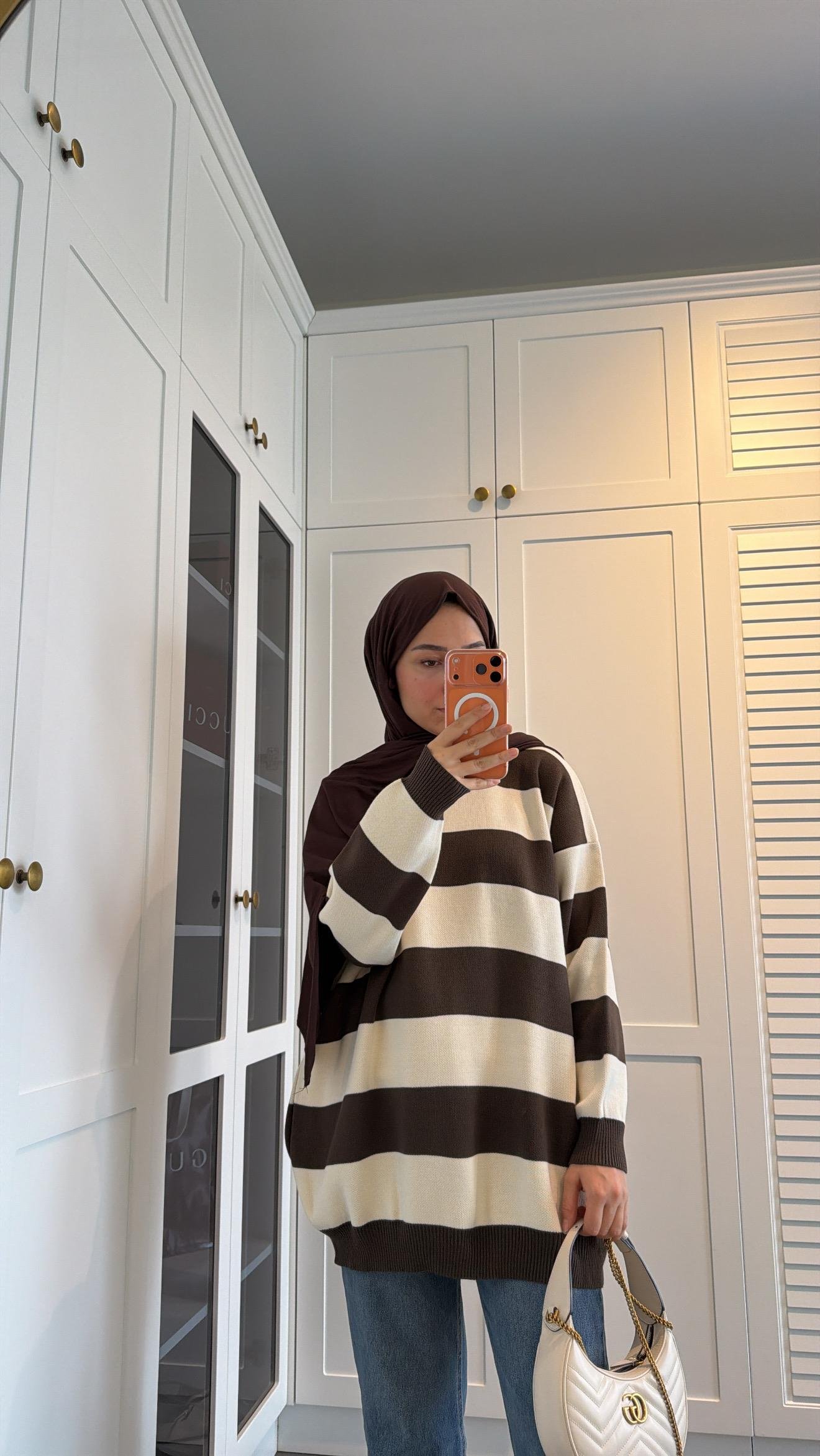 Çizgili Oversize Kazak Kahve
