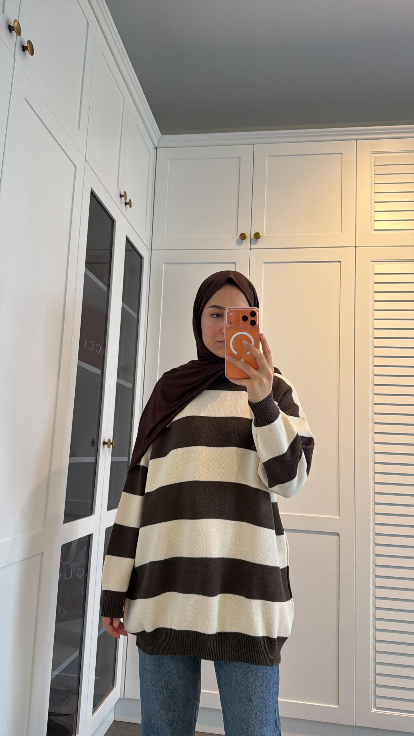 Çizgili Oversize Kazak Kahve