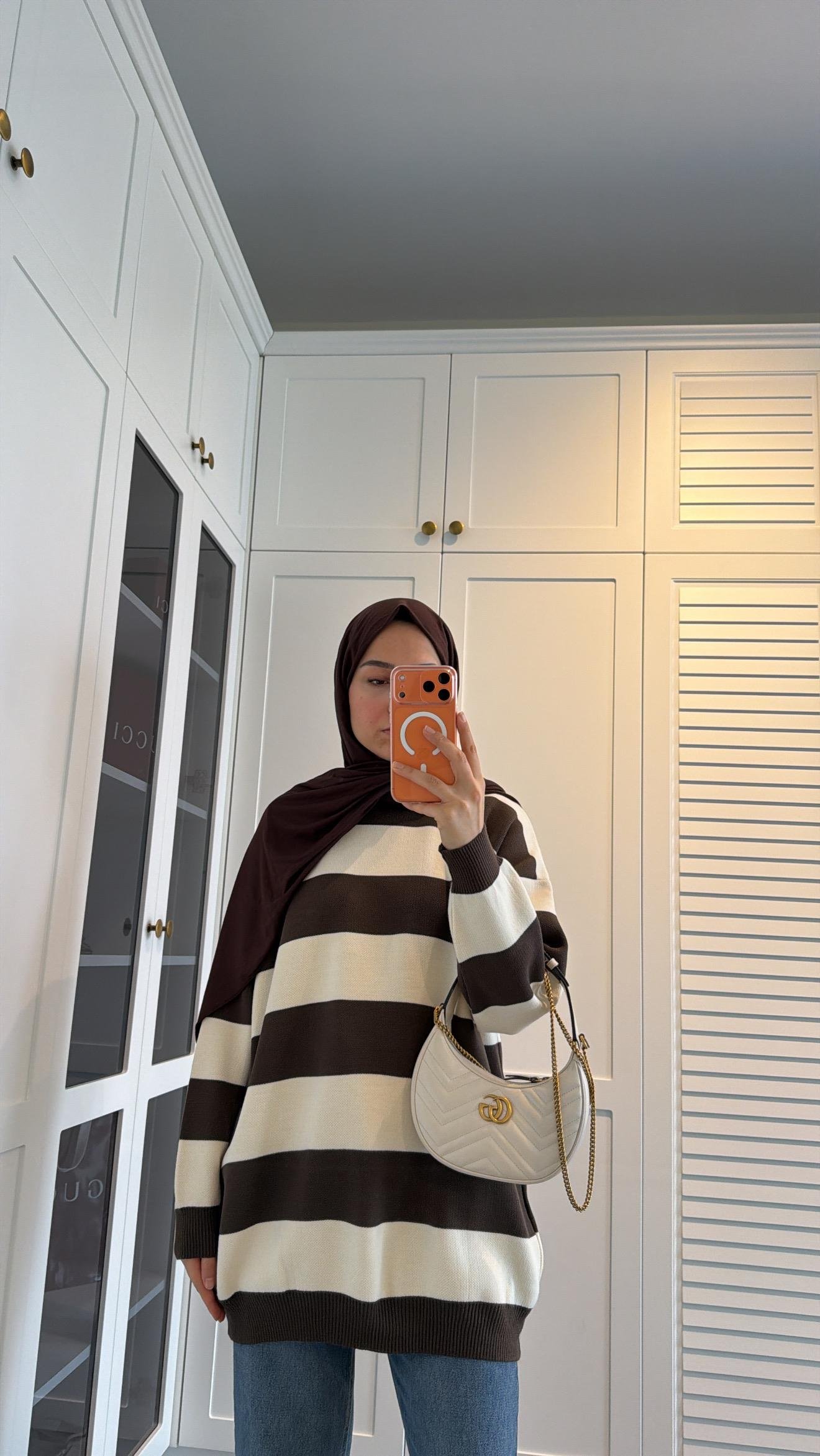Çizgili Oversize Kazak Kahve