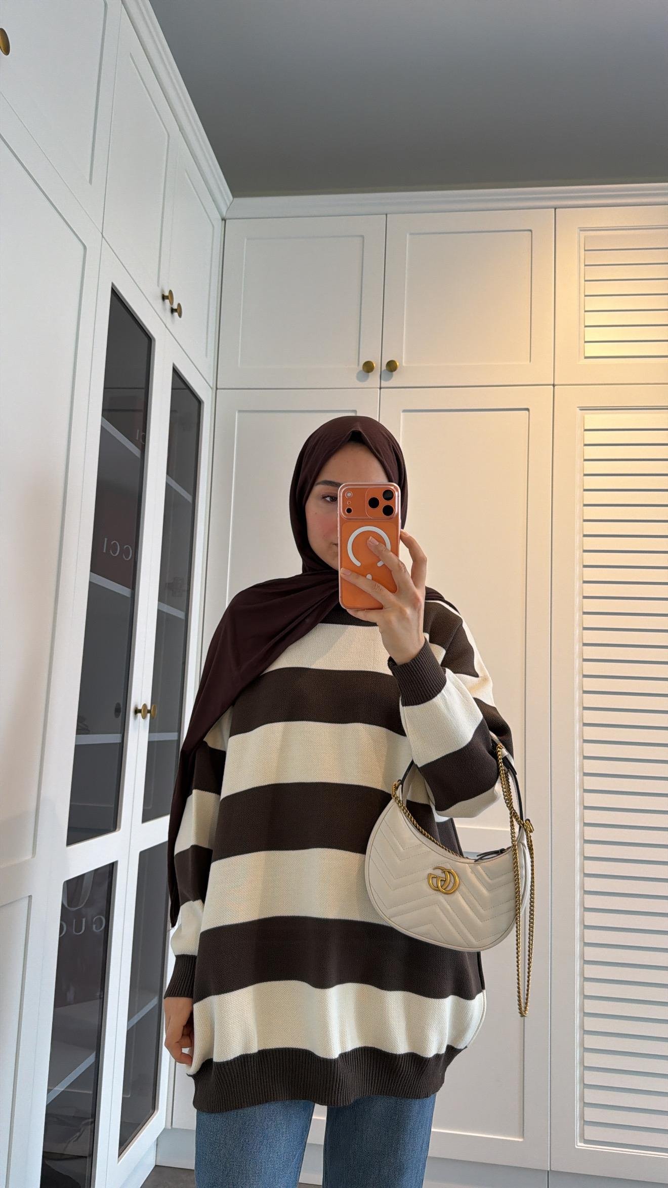 Çizgili Oversize Kazak Kahve