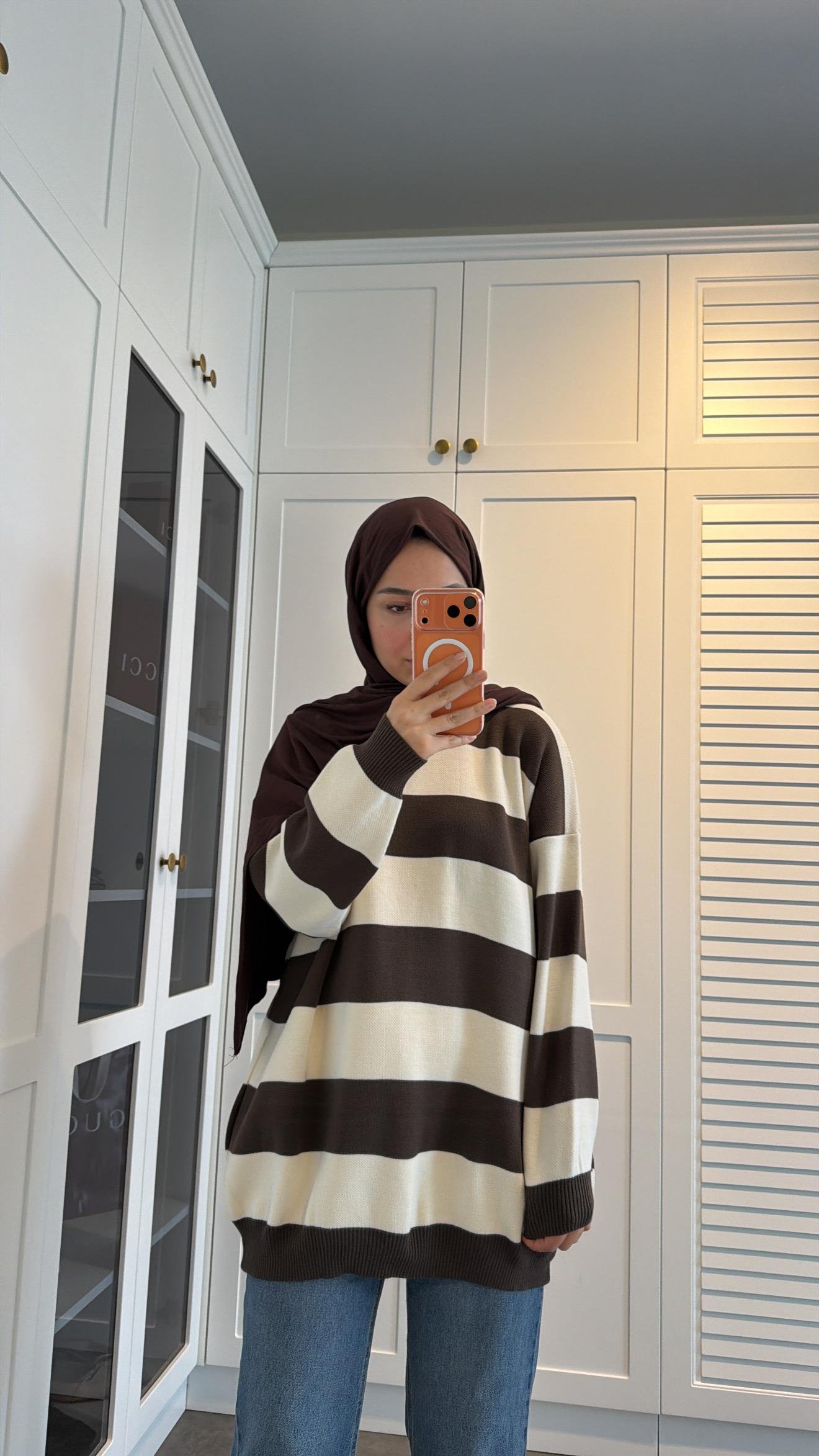 Çizgili Oversize Kazak Kahve