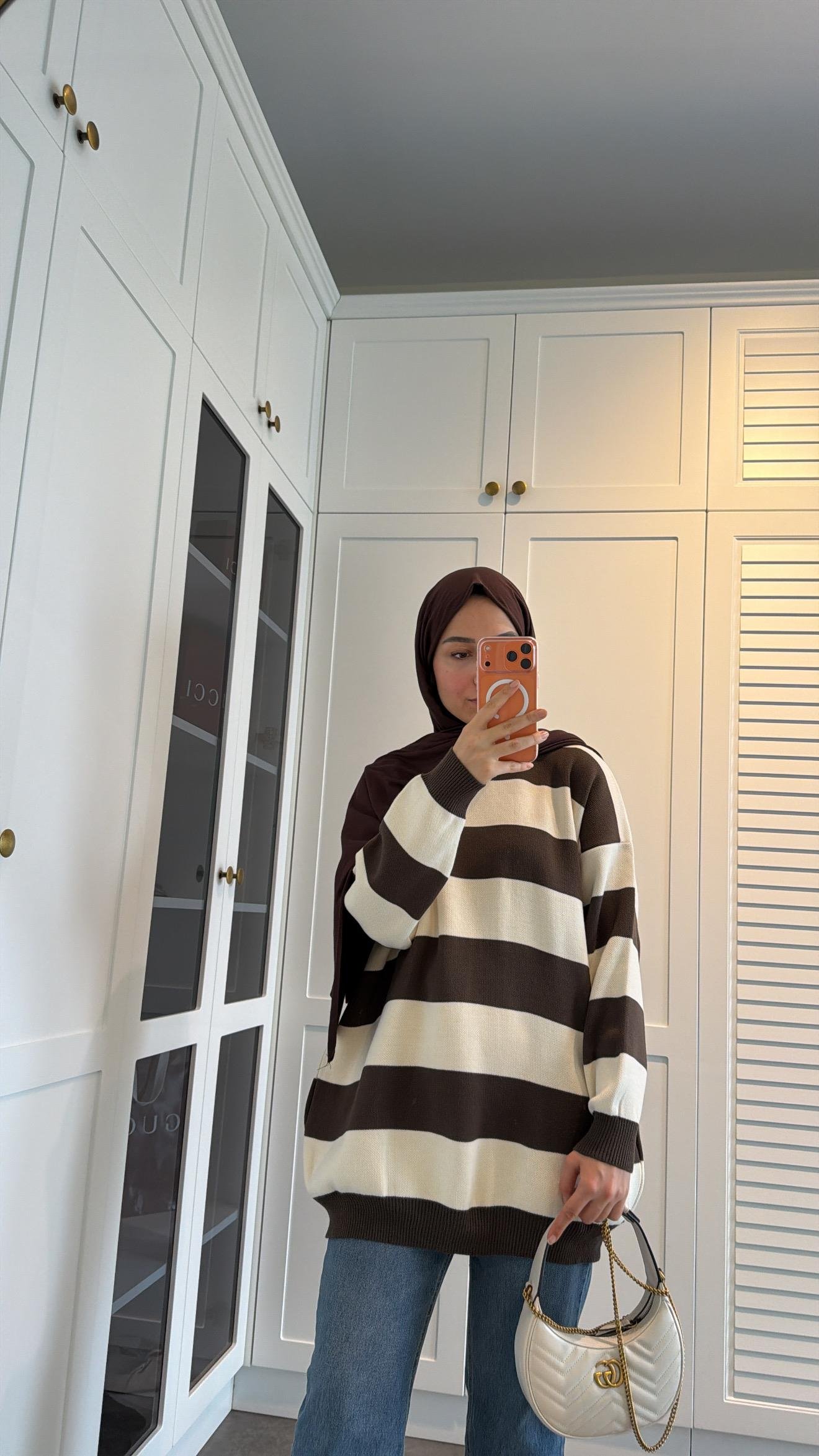 Çizgili Oversize Kazak Kahve