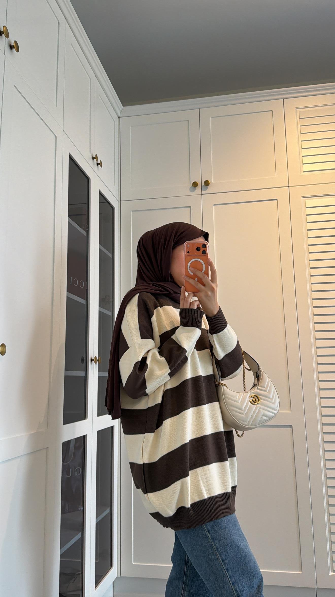 Çizgili Oversize Kazak Kahve